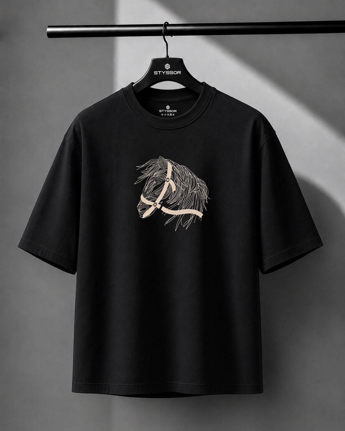 Horse Face Embroidery Oversized Black T-Shirt