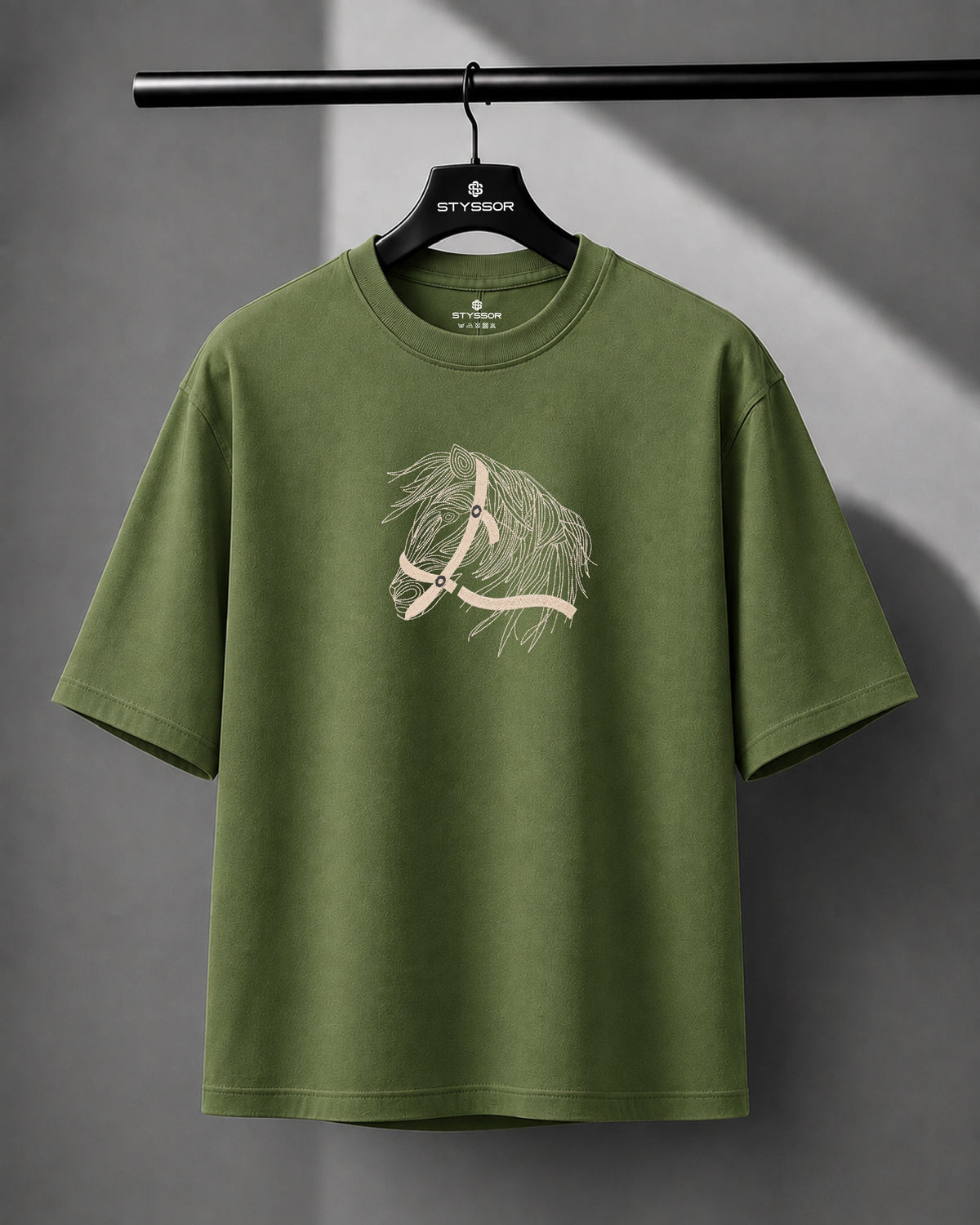 Horse Face Embroidery Oversized Green T-Shirt