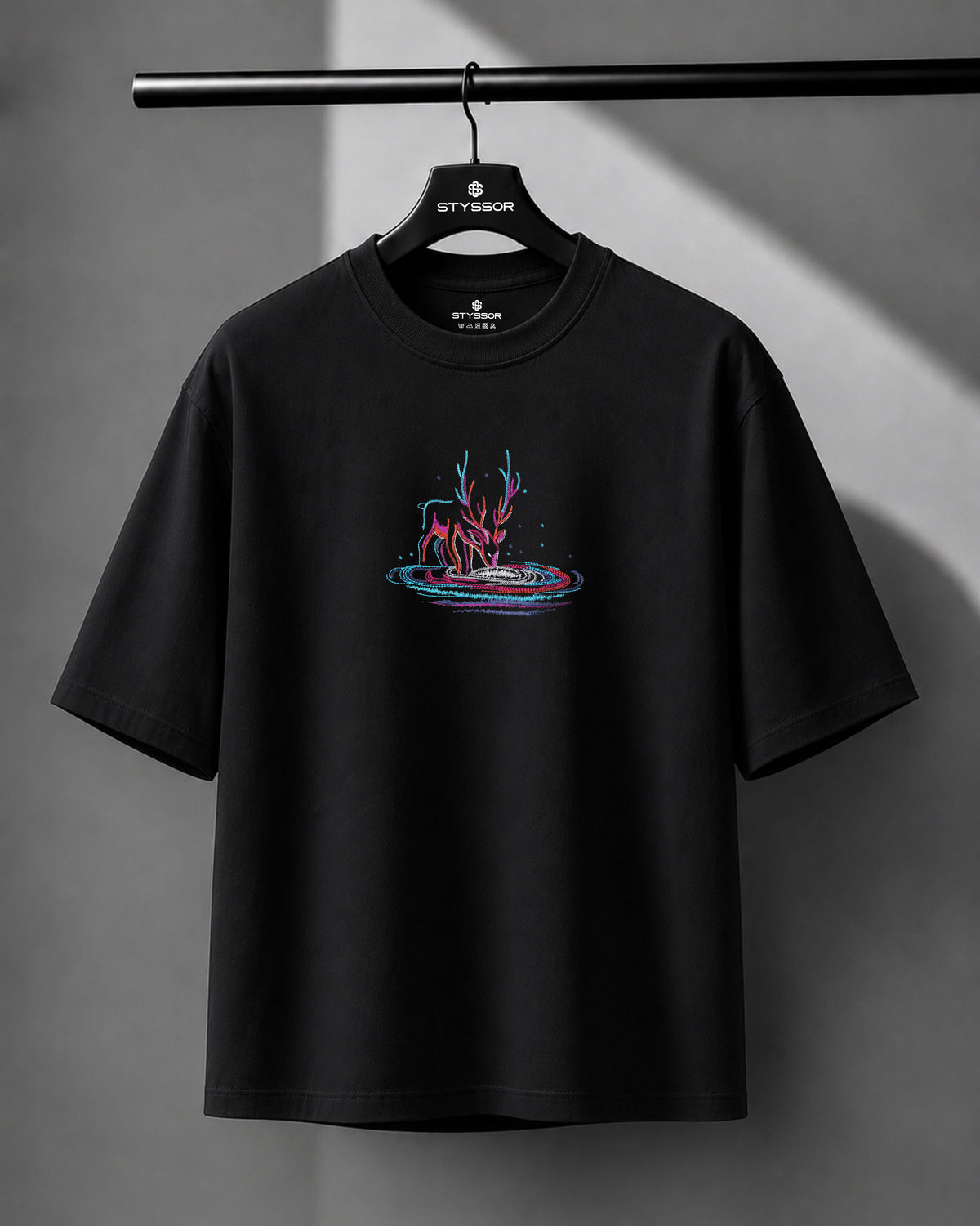 Galaxy Deer Embroidery Black Oversized T-Shirt