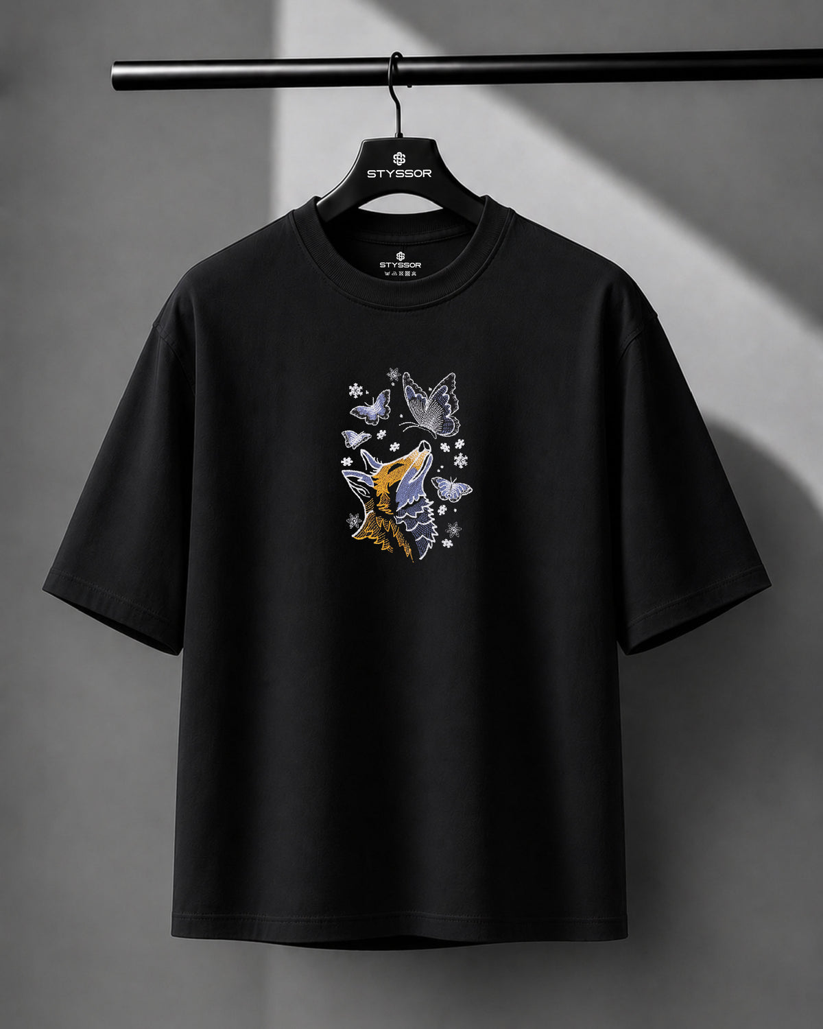 Fox with Butterfly Embroidery Black Oversized T-Shirt