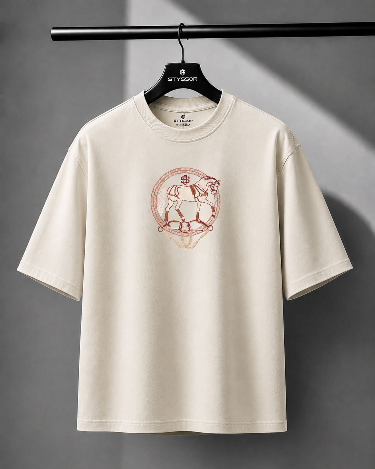 Vintage Horse Embroidery Off-White Oversized T-Shirt