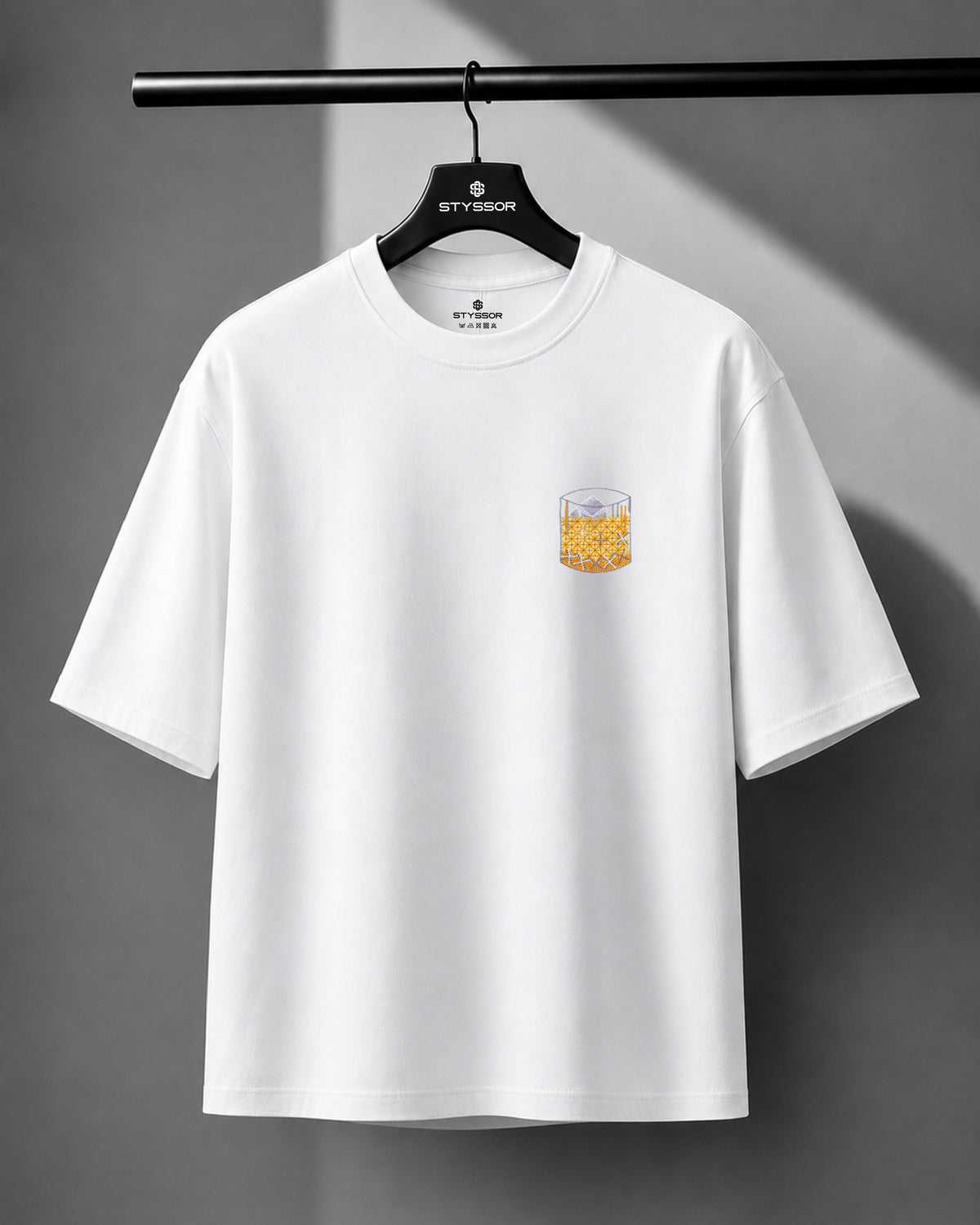 Whiskey Rocks Embroidery White Oversized T-Shirt