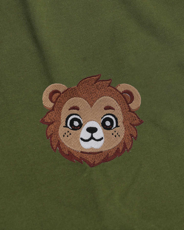 Baby Lion Wildlife Embroidery Oversized Green T-Shirt