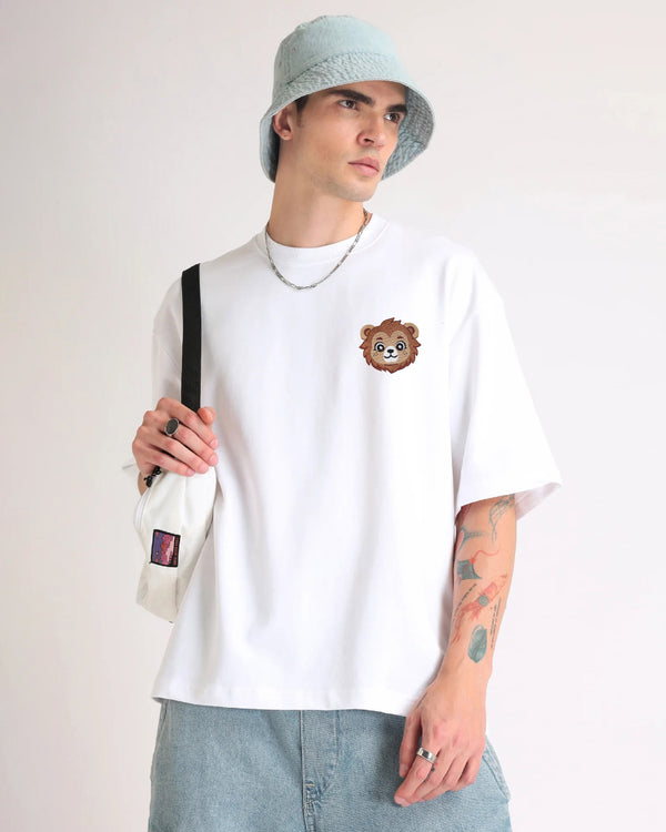 Baby Lion Wildlife Embroidery Oversized White T-Shirt