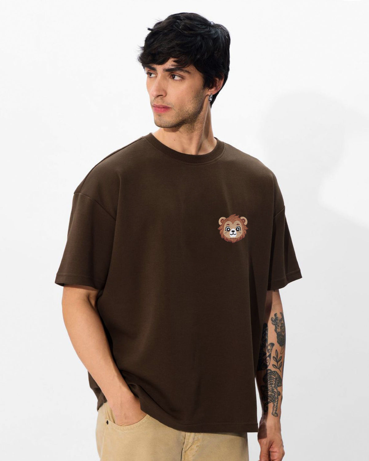 Baby Lion Wildlife Embroidery Oversized T-Shirt