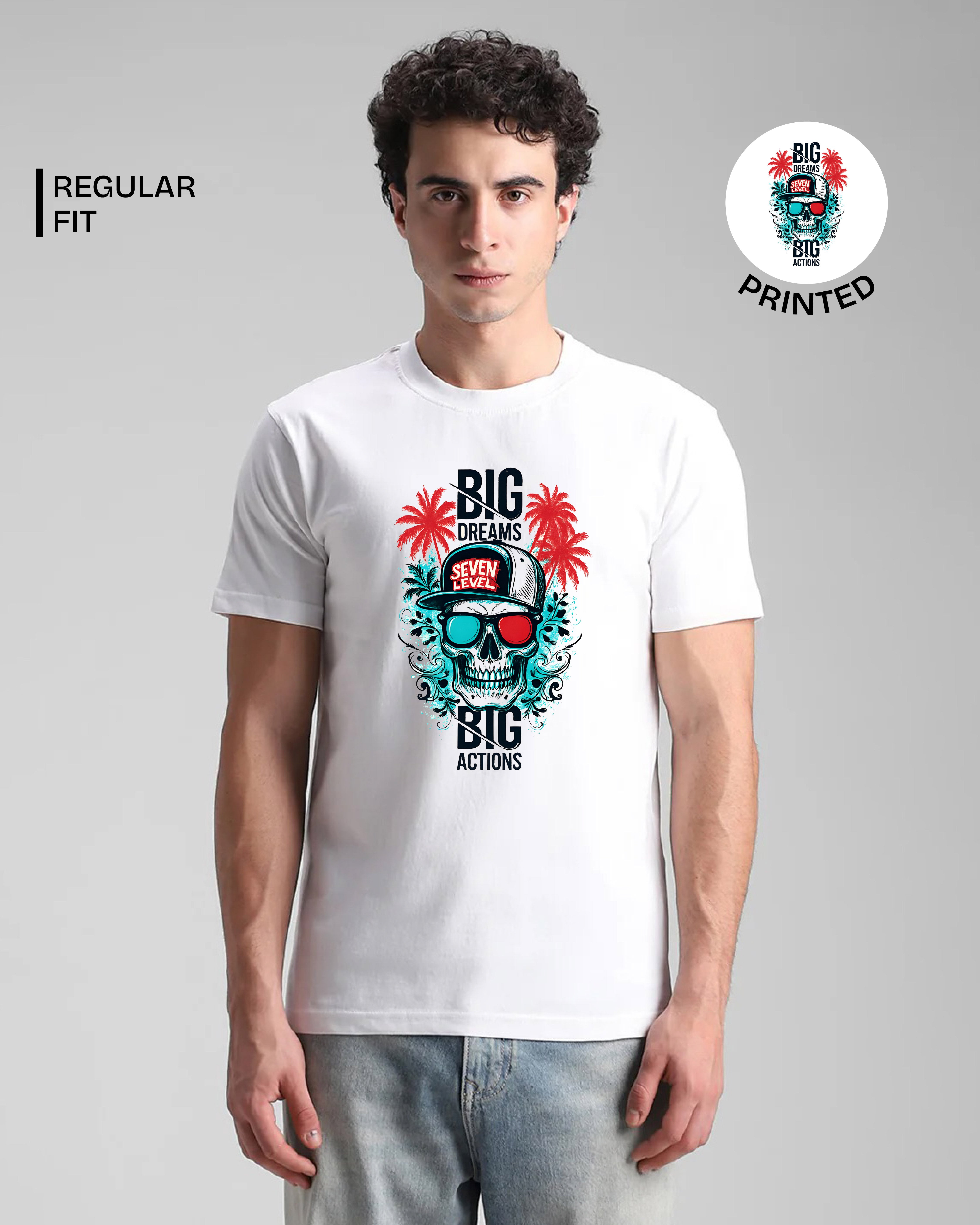 Person wearing a white t-shirt with a colorful graphic design on a gray background