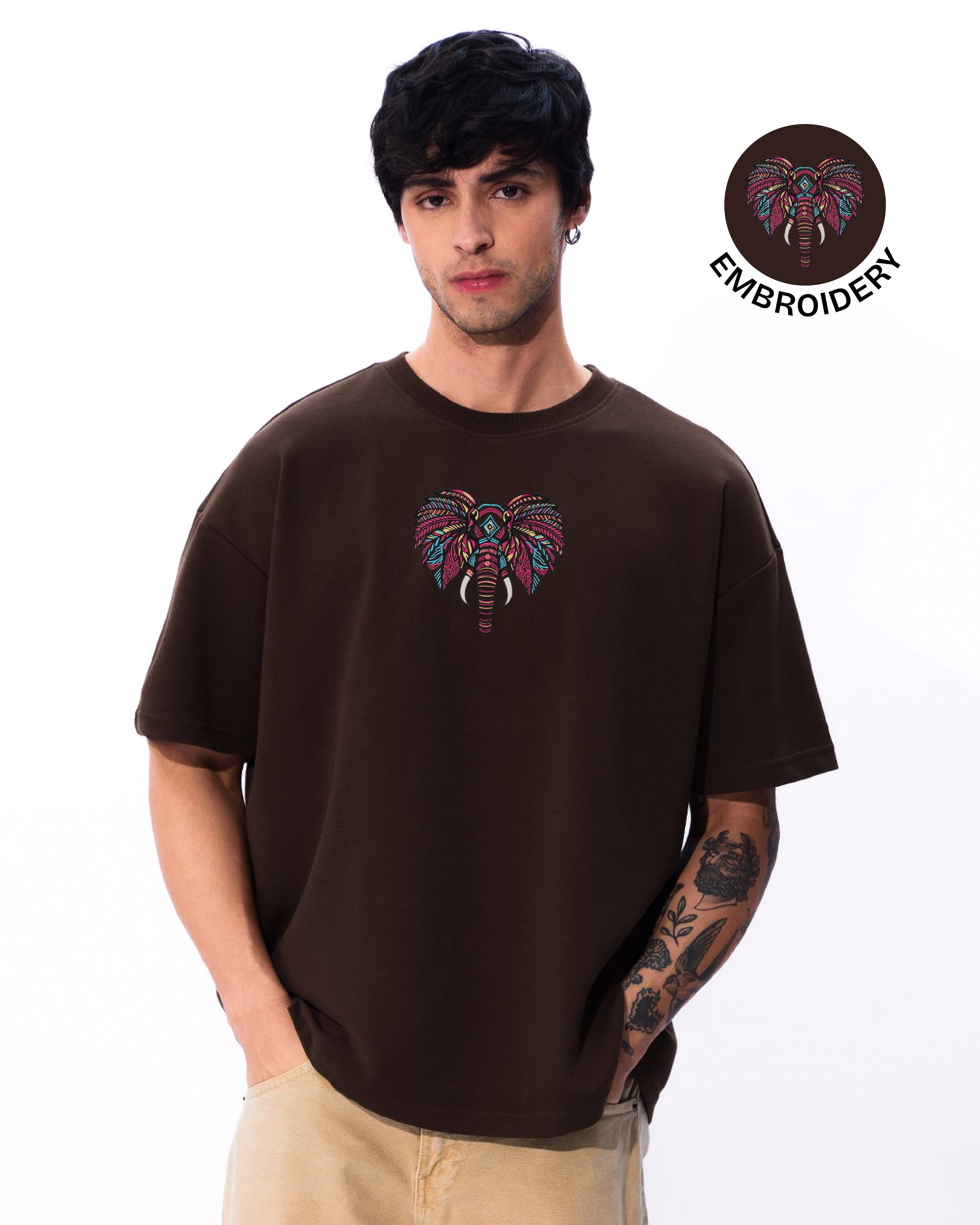 Boho Elephant Embroidery Brown Oversized T-Shirt