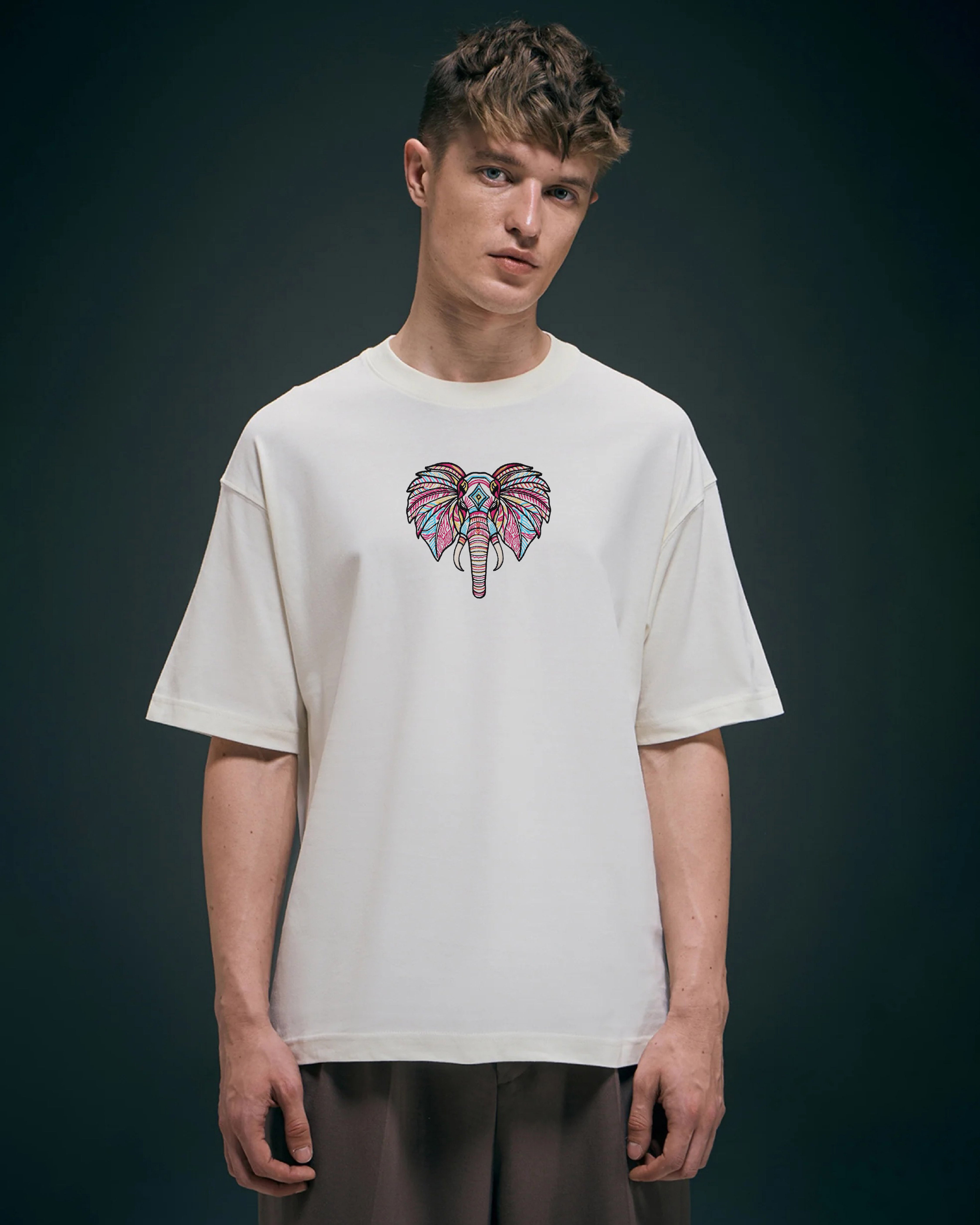 Boho Elephant Embroidery Off-White Oversized T-Shirt
