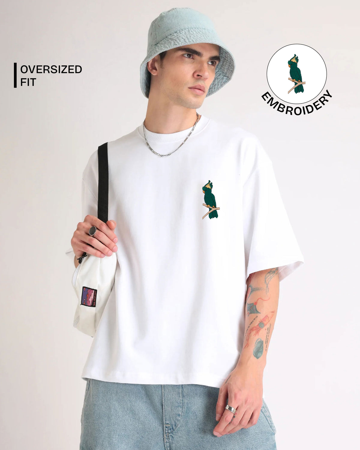 Cockatoo Wildlife Embroidery Oversized T-Shirt