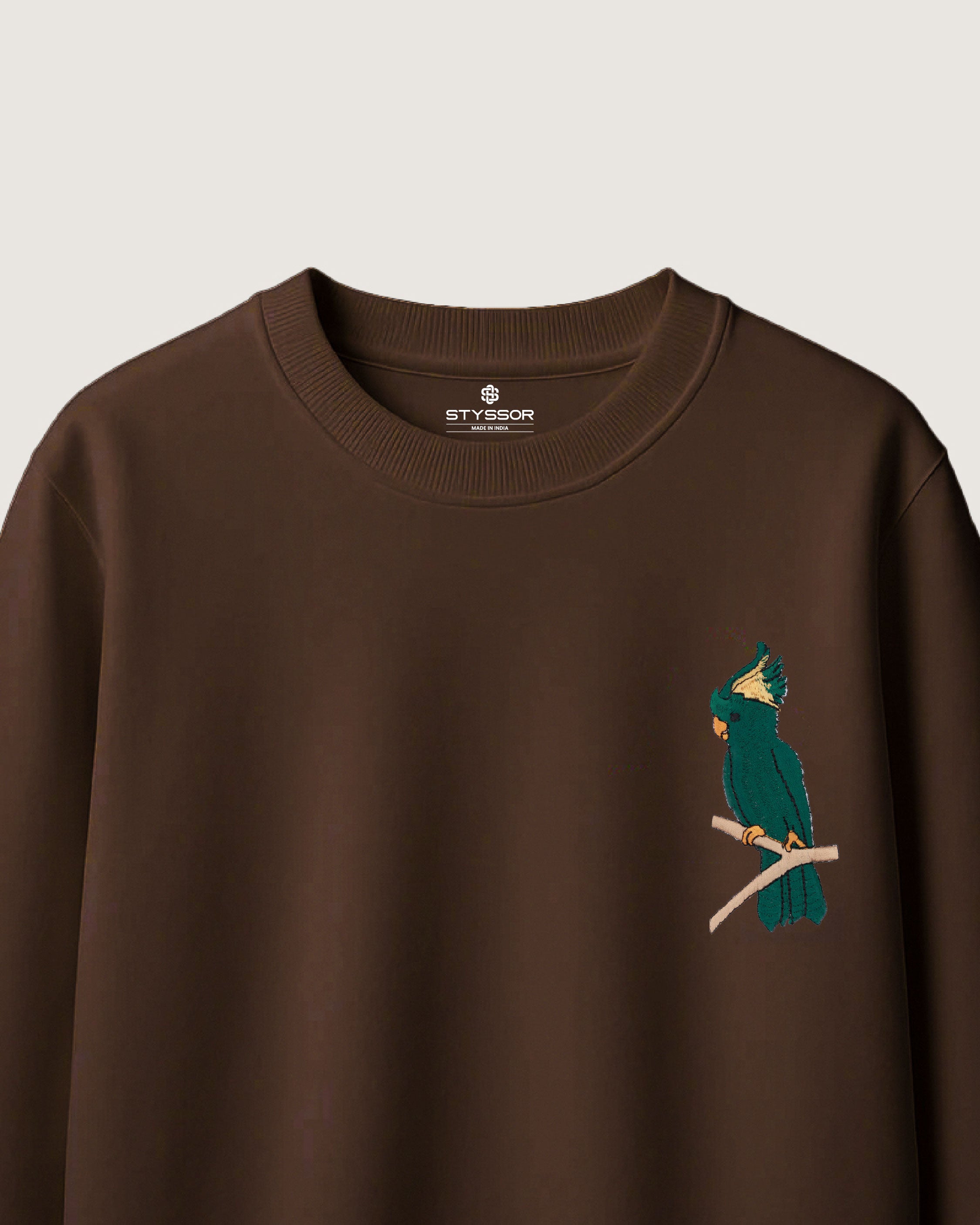 Cockatoo Wildlife Embroidery Oversized Brown T-Shirt