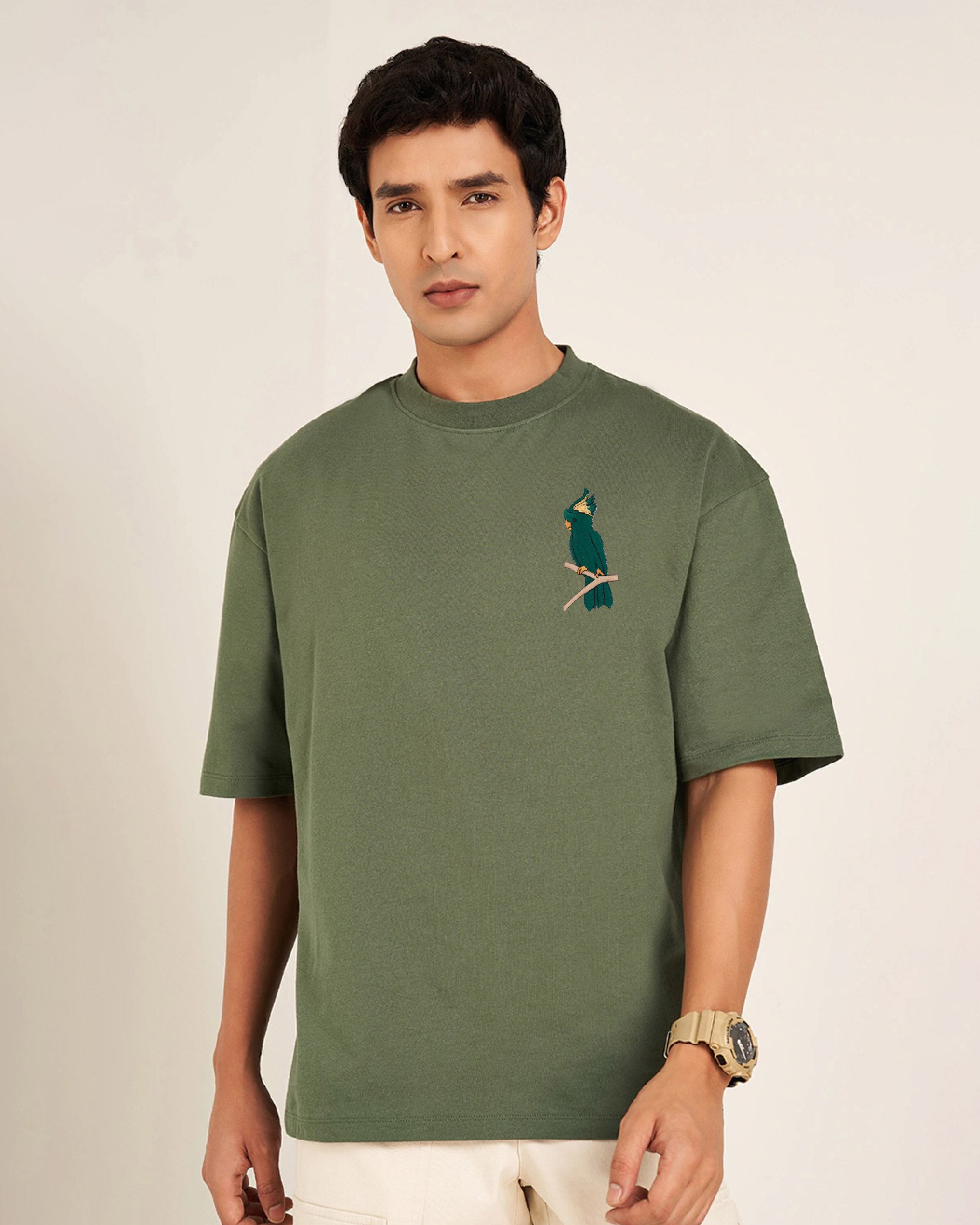 Cockatoo Wildlife Embroidery Oversized Green T-Shirt