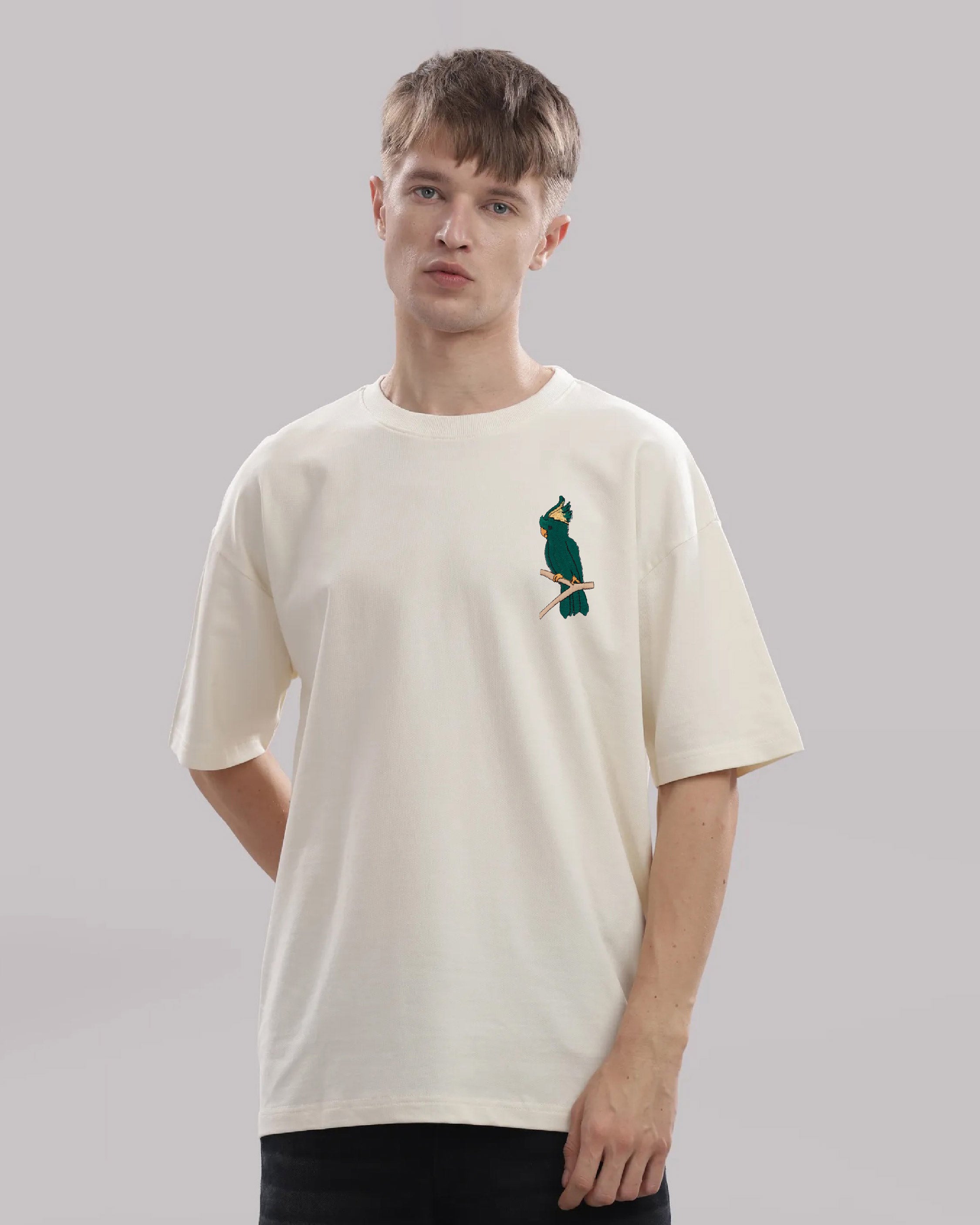 Cockatoo Wildlife Embroidery Oversized Off-White T-Shirt
