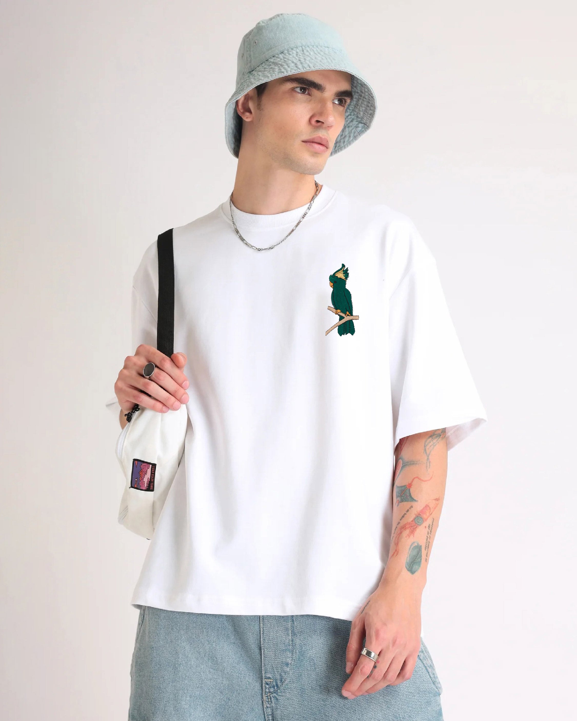 Cockatoo Wildlife Embroidery Oversized White T-Shirt