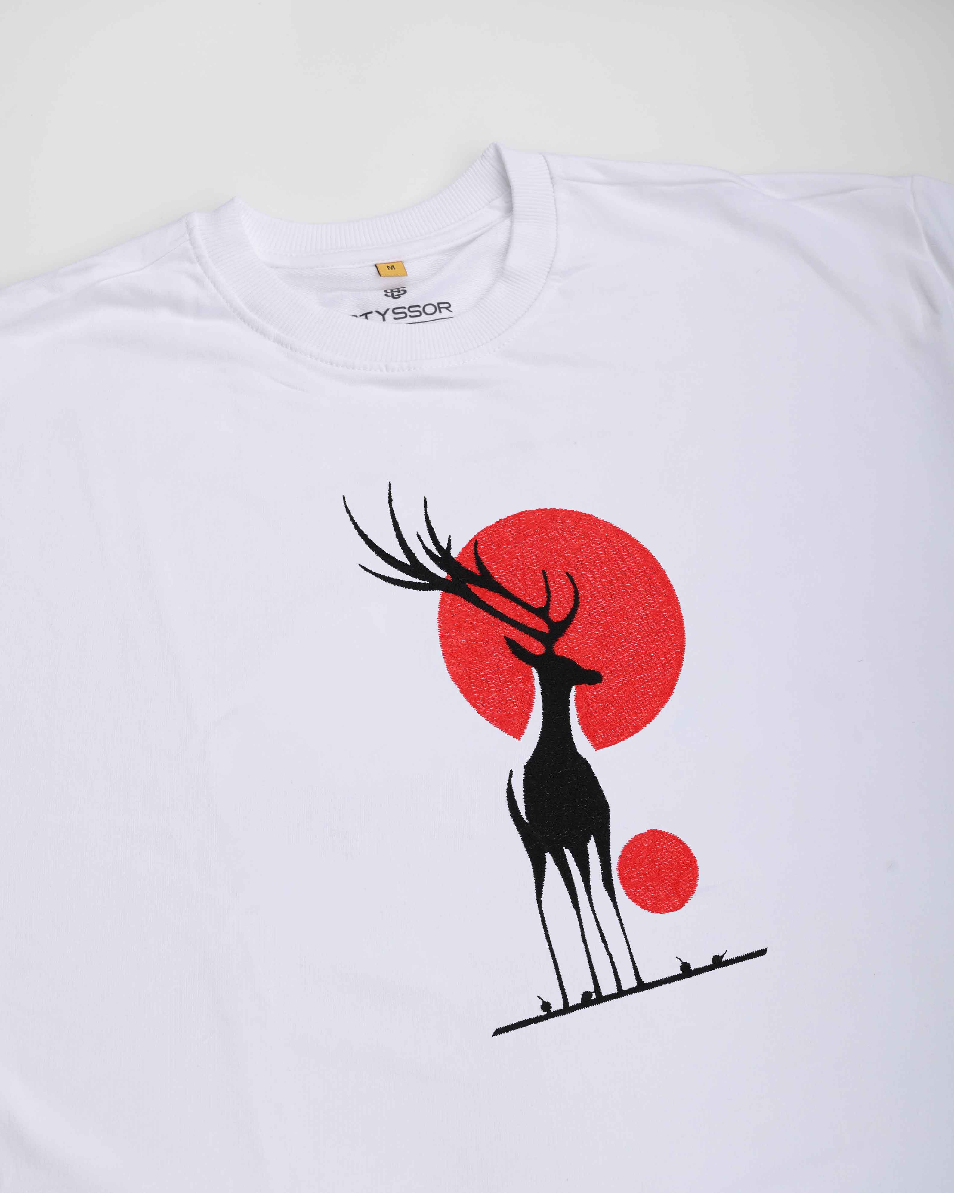 Deer Sunset Embroidery White Oversized T-Shirt