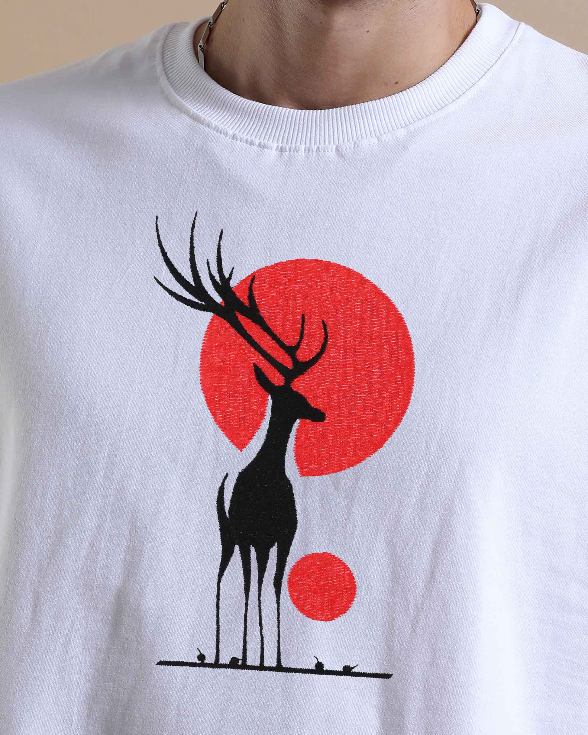 Deer Sunset Embroidery White Oversized T-Shirt1