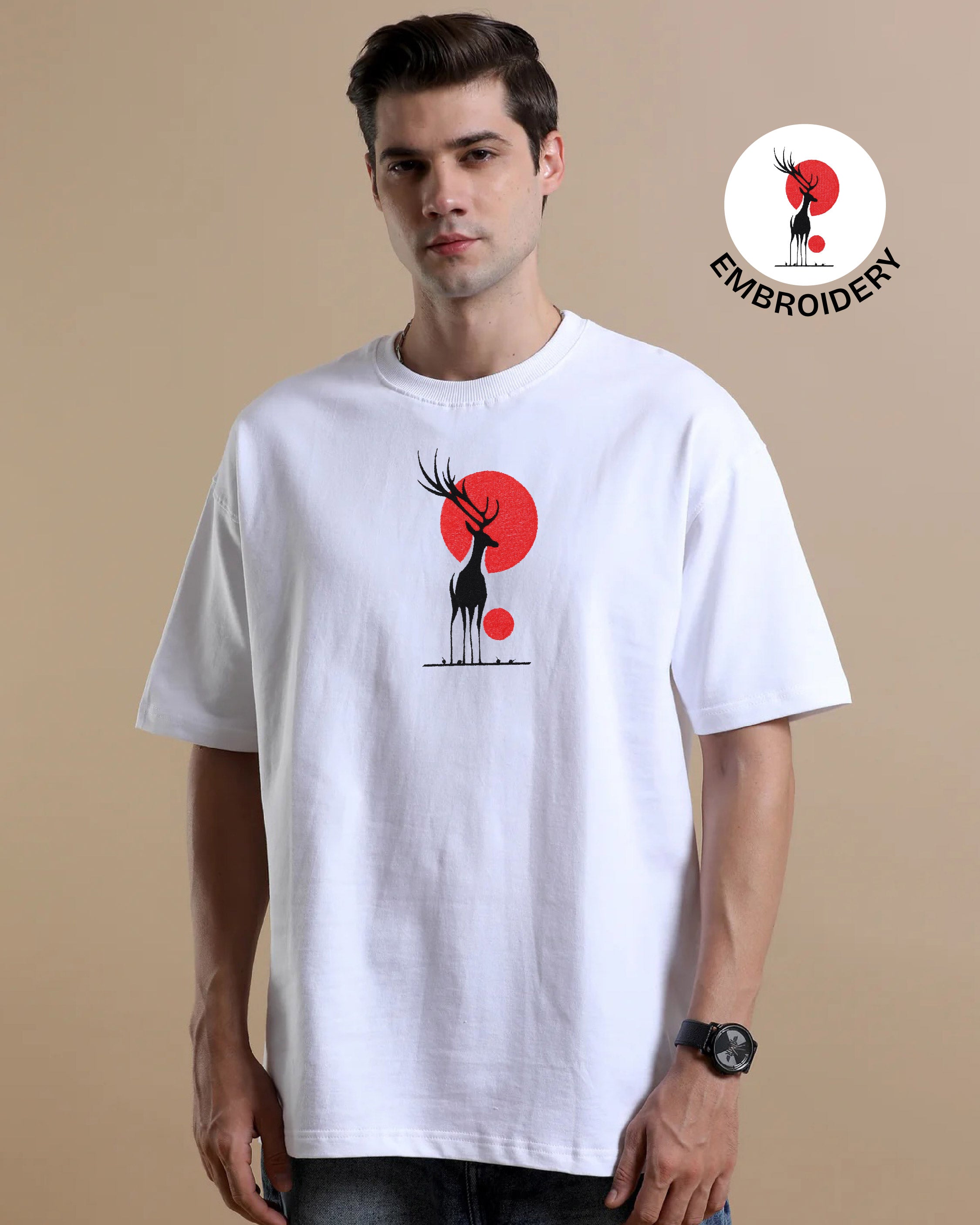 Deer Sunset Embroidery White Oversized T-Shirt web