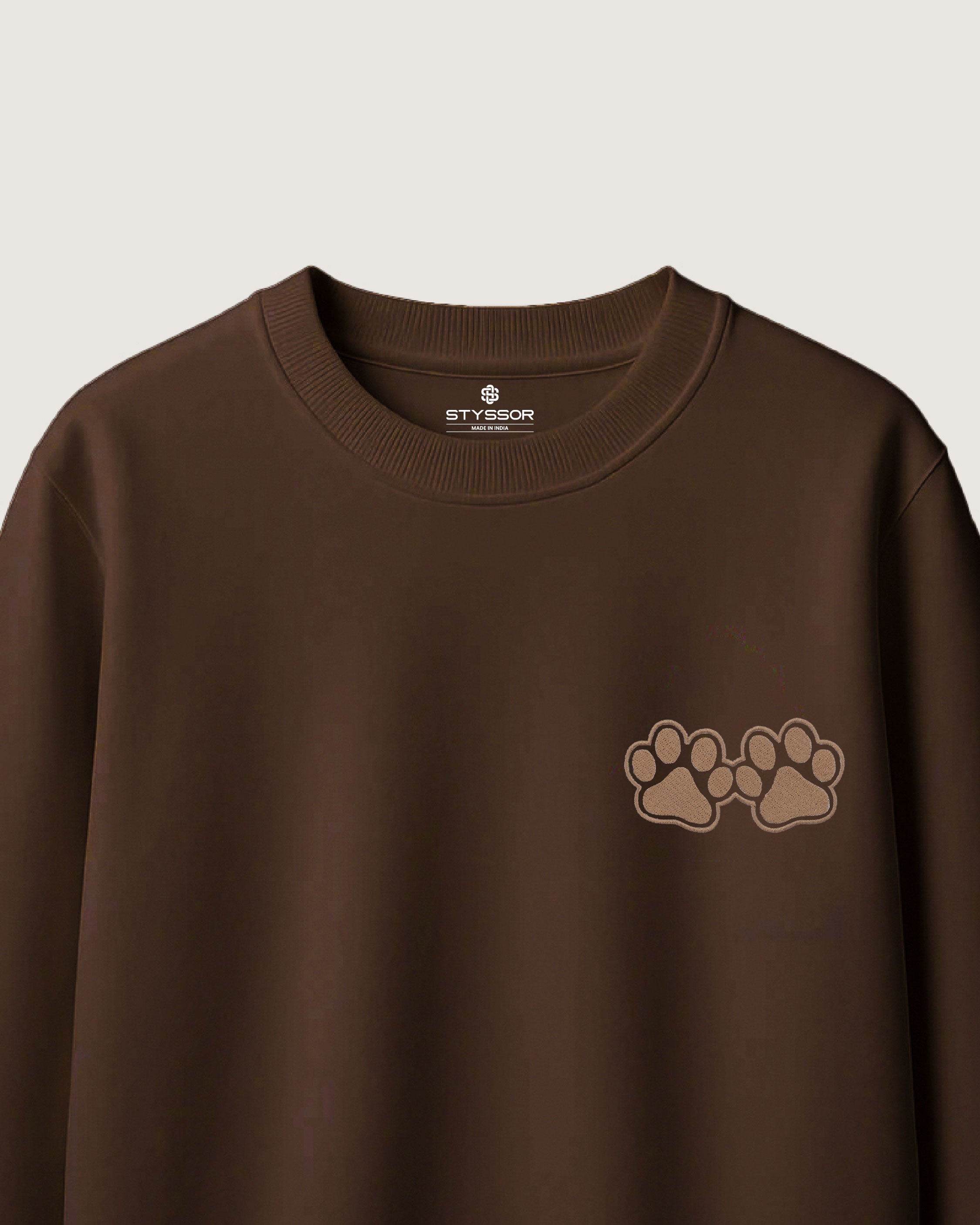 Dog Paw Wildlife Embroidery Oversized Brown T-Shirt