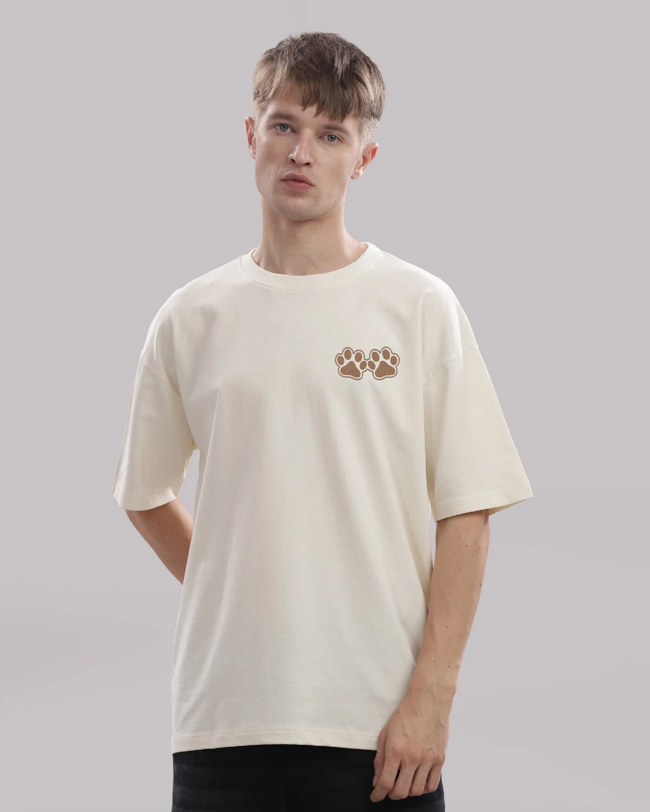 Dog Paw Wildlife Embroidery Oversized Off-White T-Shirt