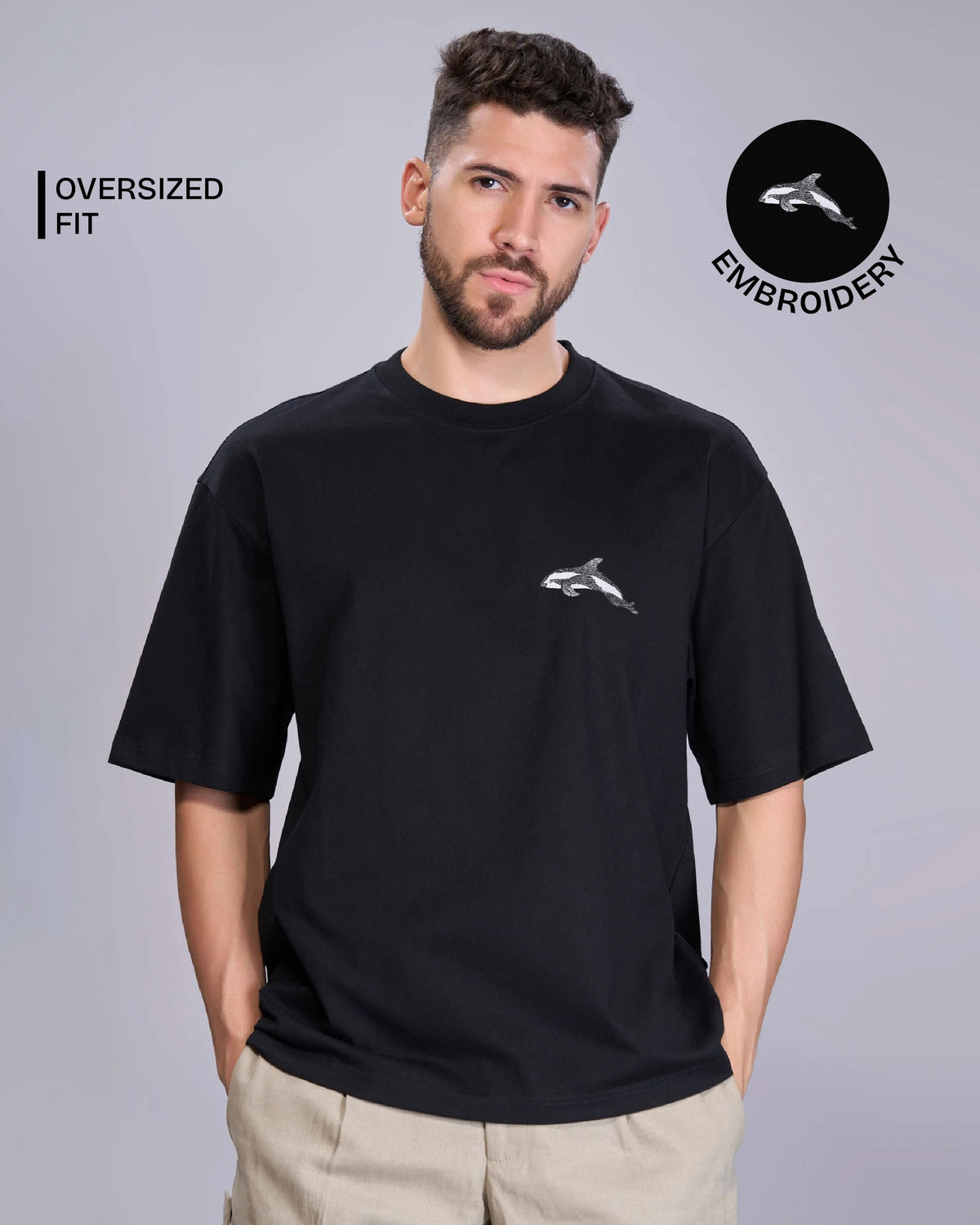 Dolphin Wildlife Embroidery Oversized T-Shirt