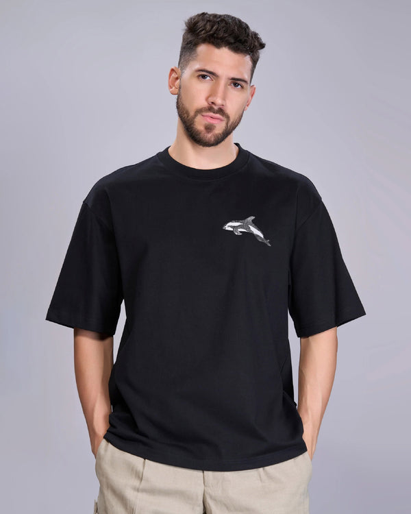 Dolphin Wildlife Embroidery Oversized Black T-Shirt
