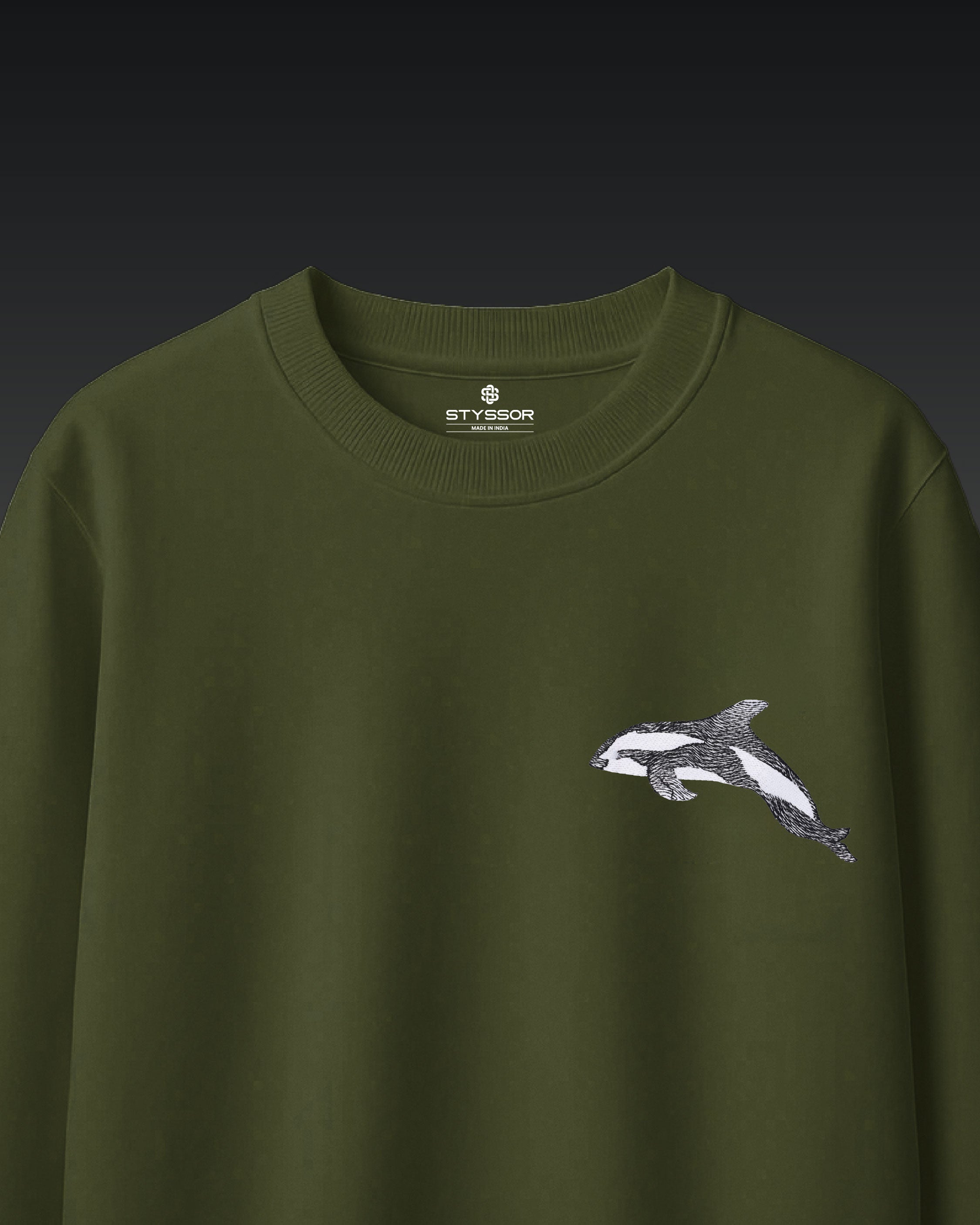 Dolphin Wildlife Embroidery Oversized GreenT-Shirt