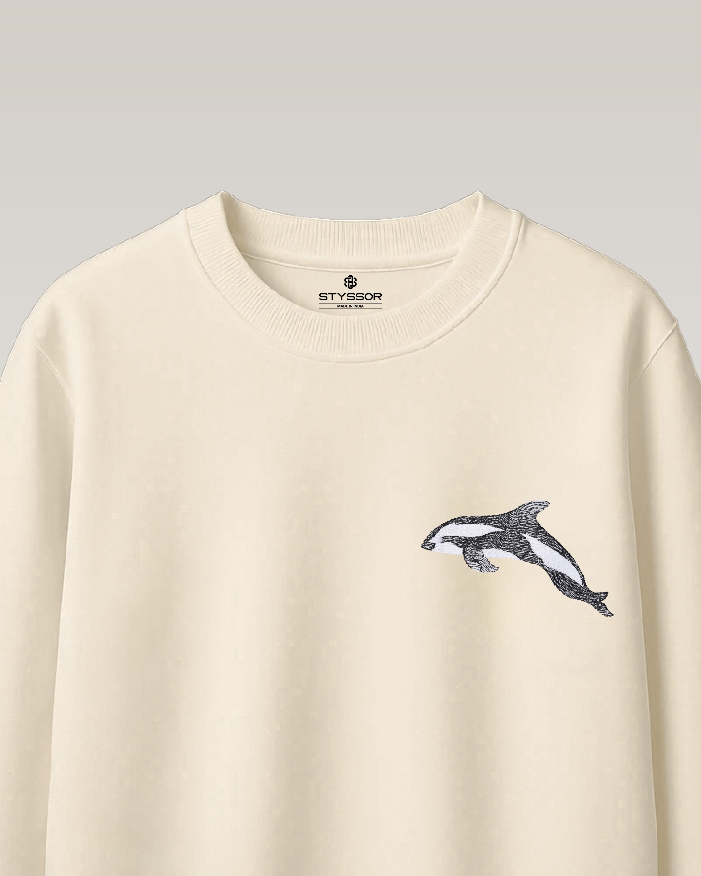 Dolphin Wildlife Embroidery Oversized Off-White T-Shirt