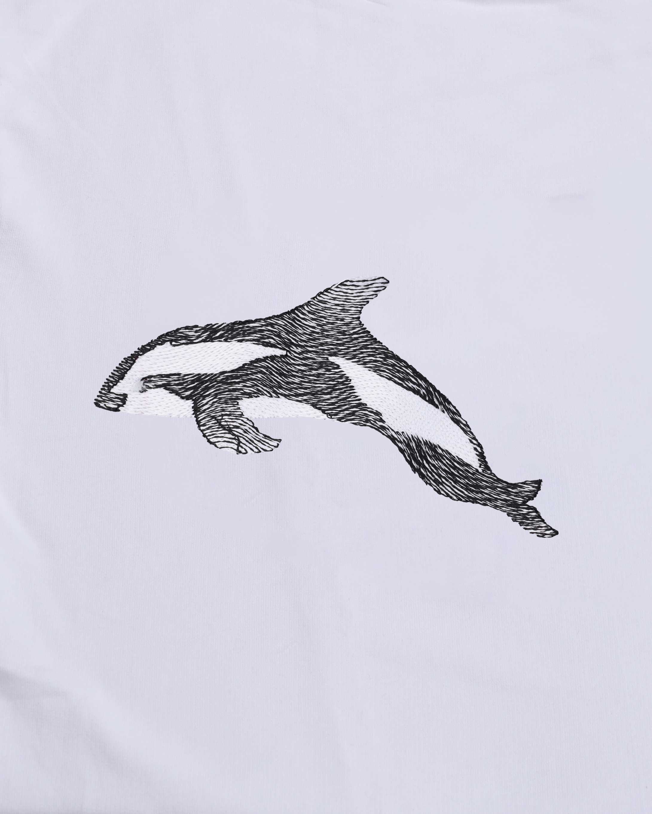 Black and white illustration of a dolphin on a light gray background