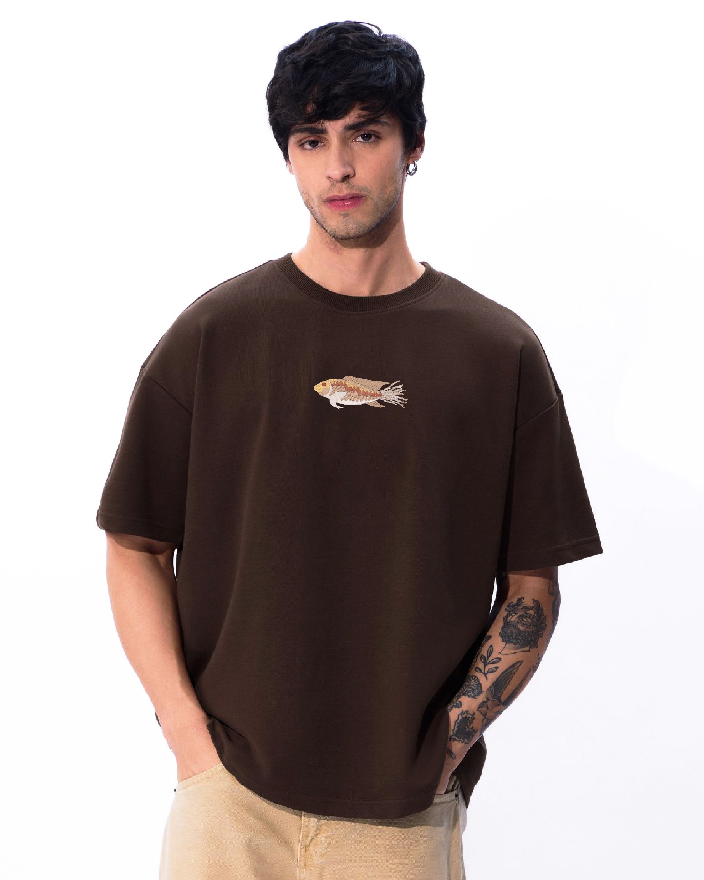 Fish Wildlife Embroidery Oversized Brown T-Shirt