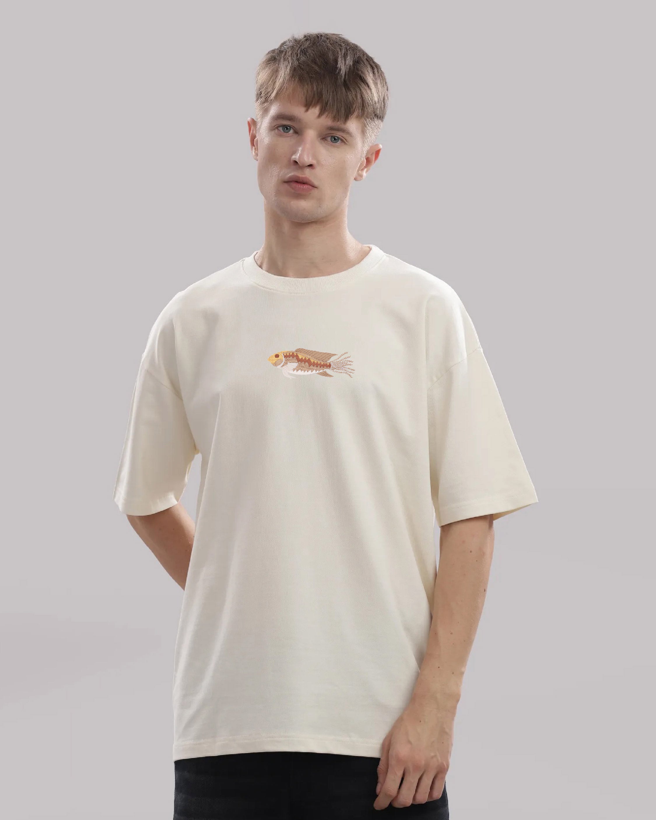 Fish Wildlife Embroidery Oversized Brown T-Shirt