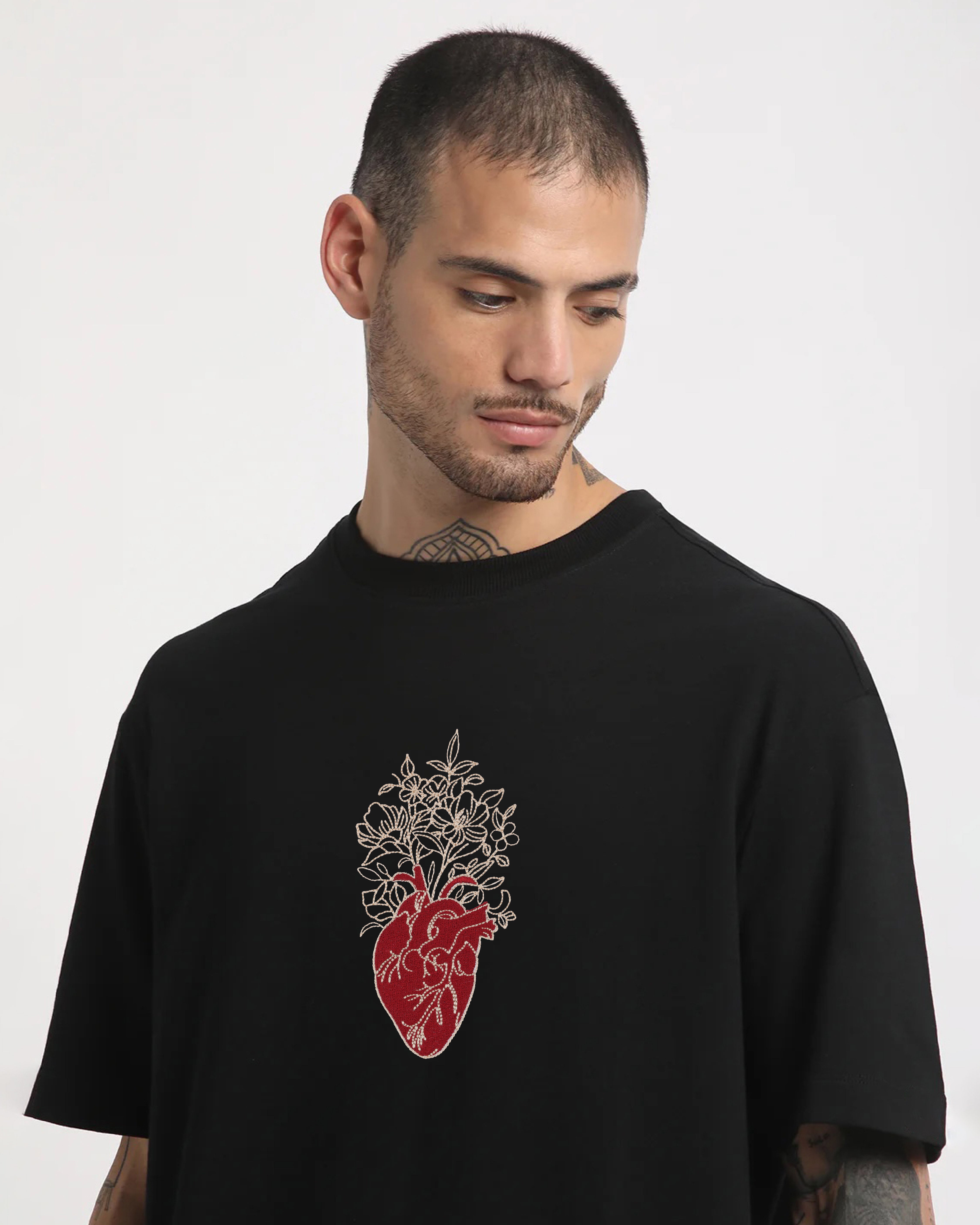 Buy Floral Heart Embroidery Black Oversized T-Shirt