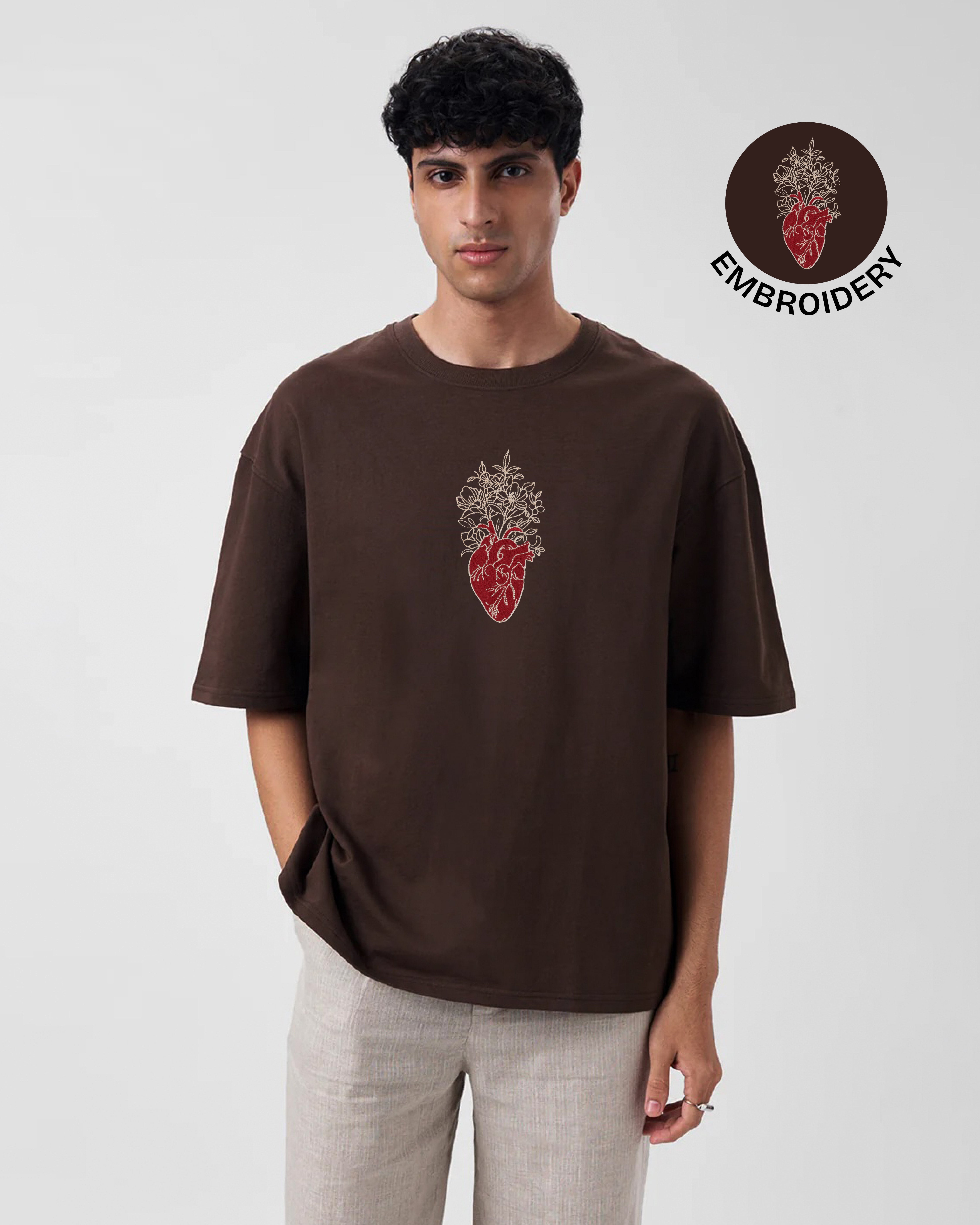 Floral Heart Embroidery Brown Oversized T-Shirt web
