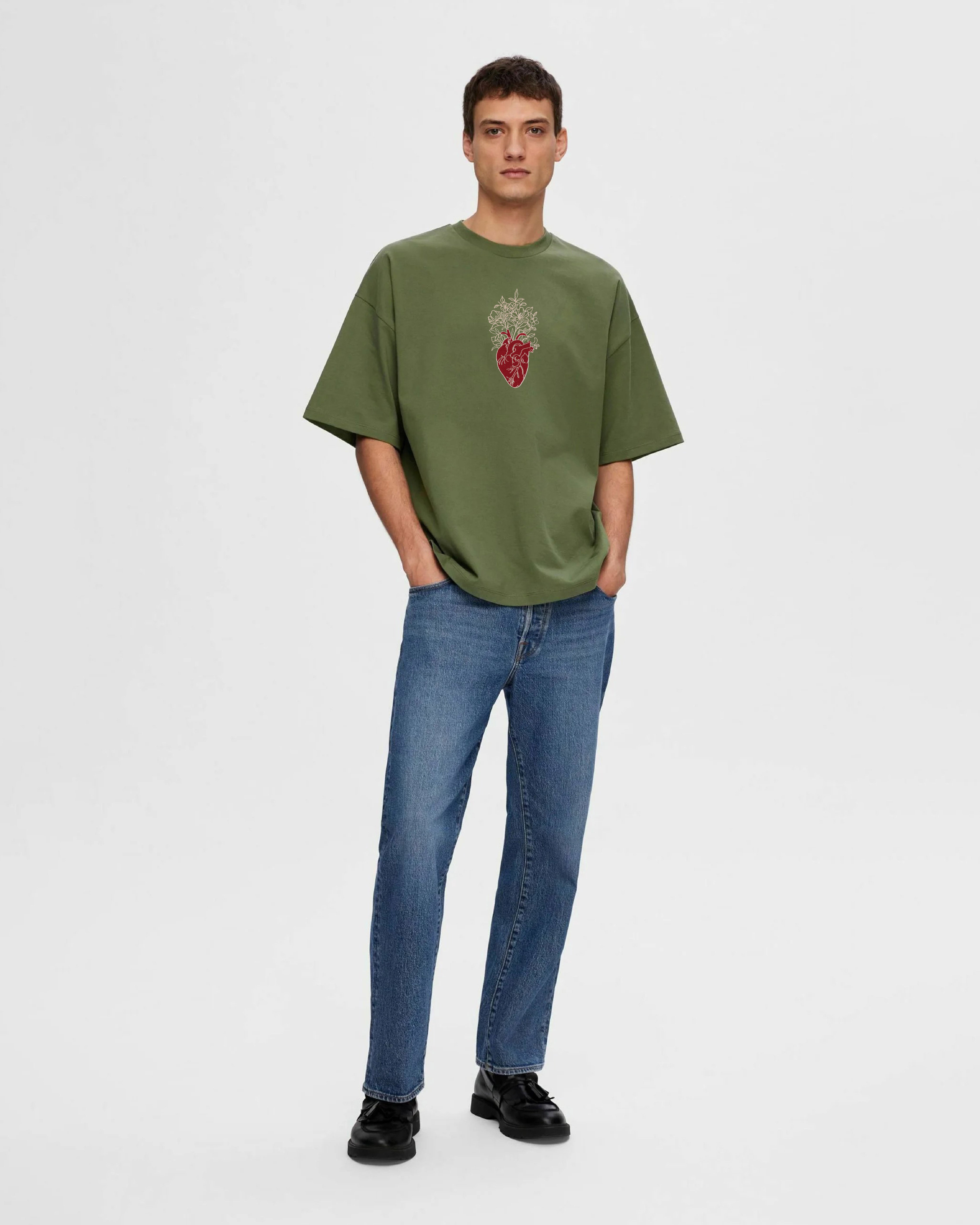 Floral Heart Embroidery Green Oversized T-Shirt
