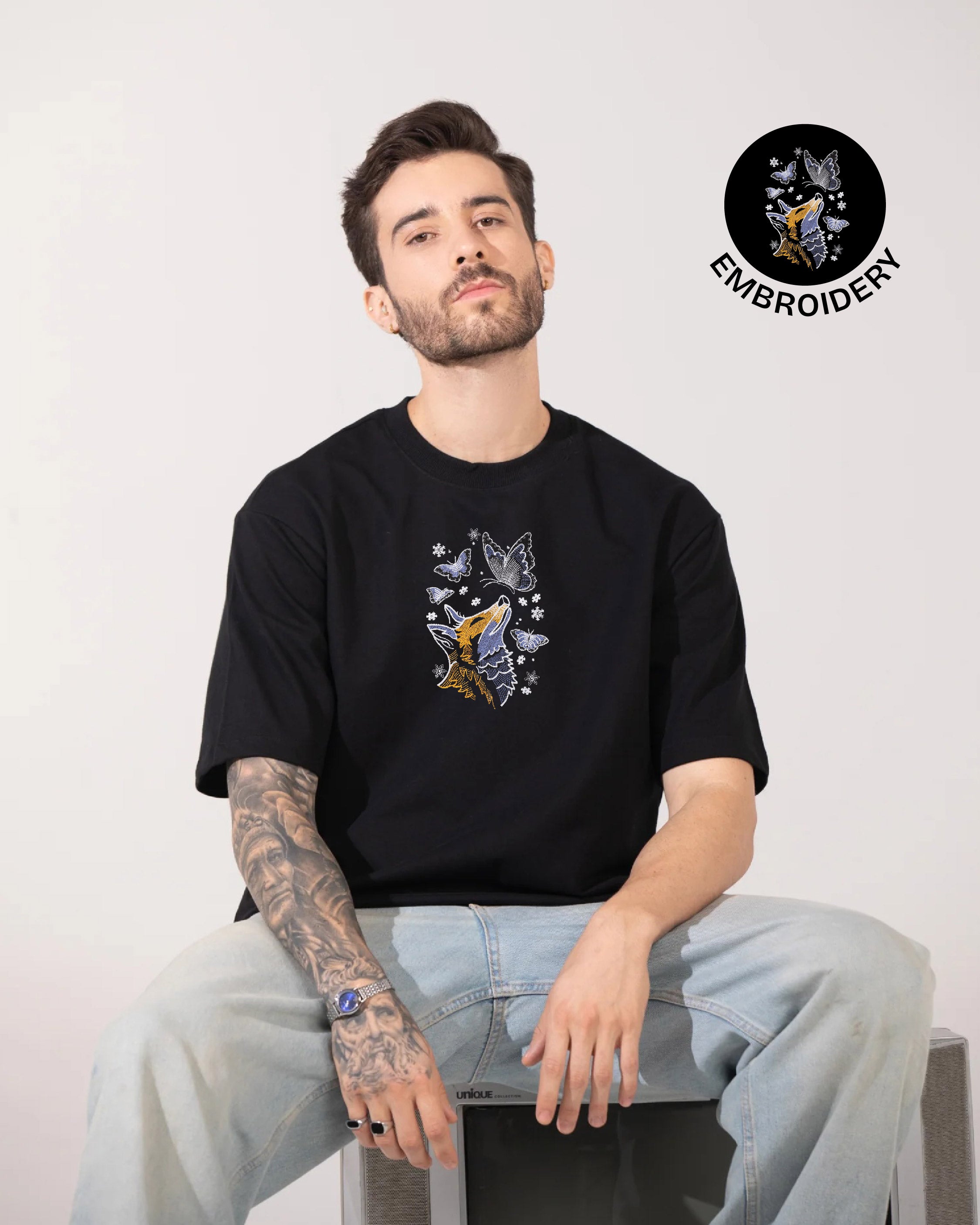 Fox with Butterfly Embroidery Black Oversized T-Shirt