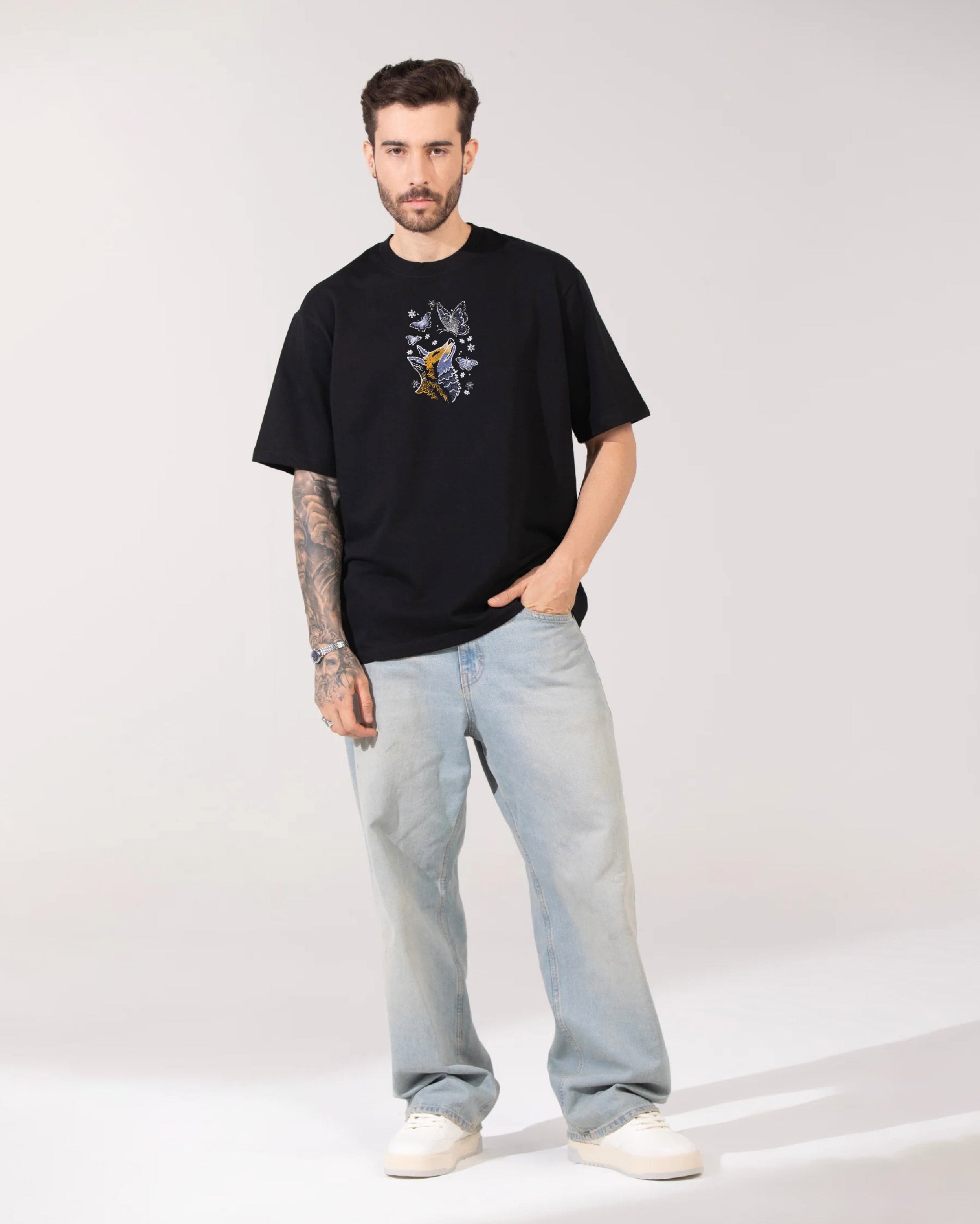 Fox with Butterfly Embroidery Black Oversized T-Shirt1