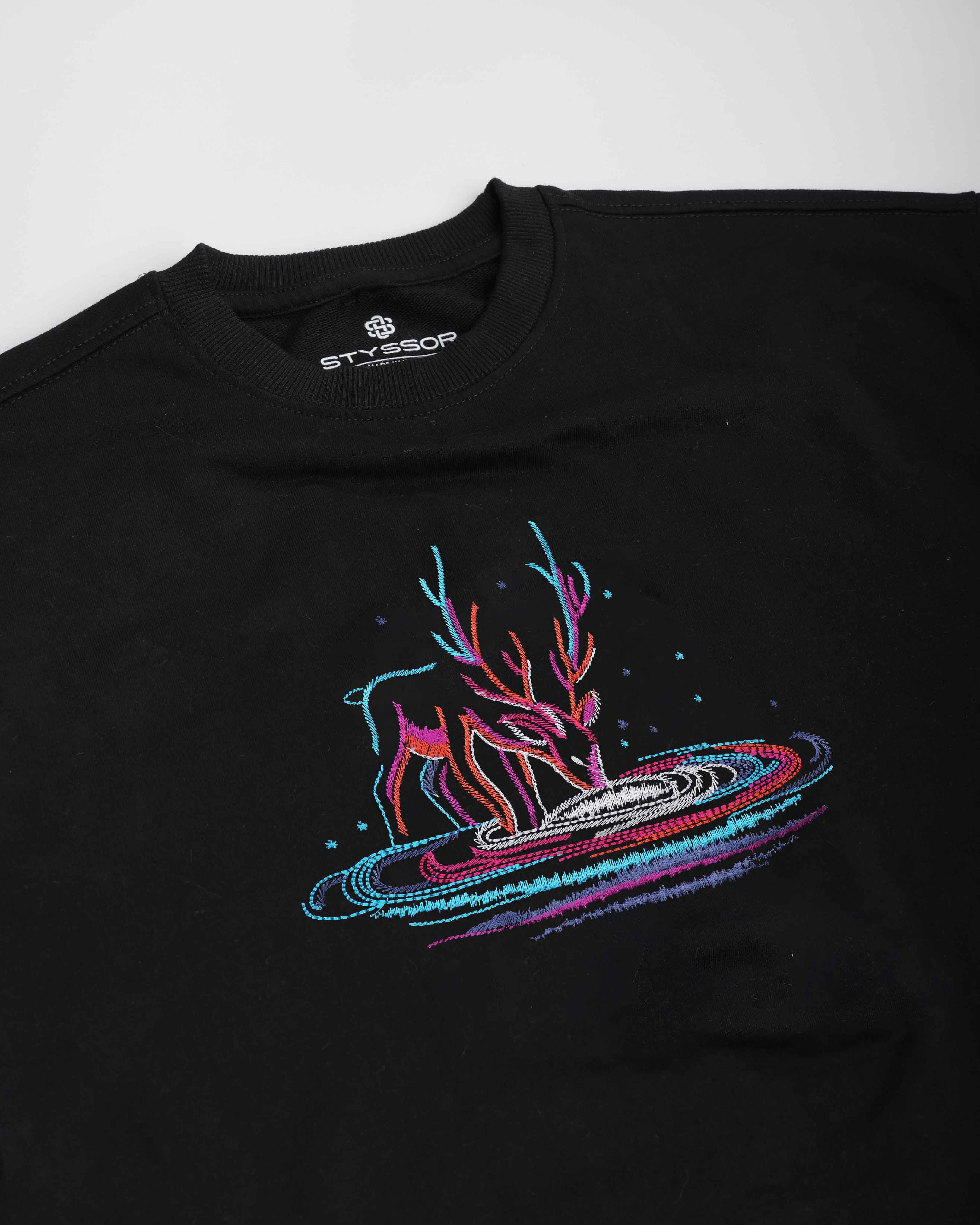 Galaxy Deer Embroidery Black Oversized T-Shirt1