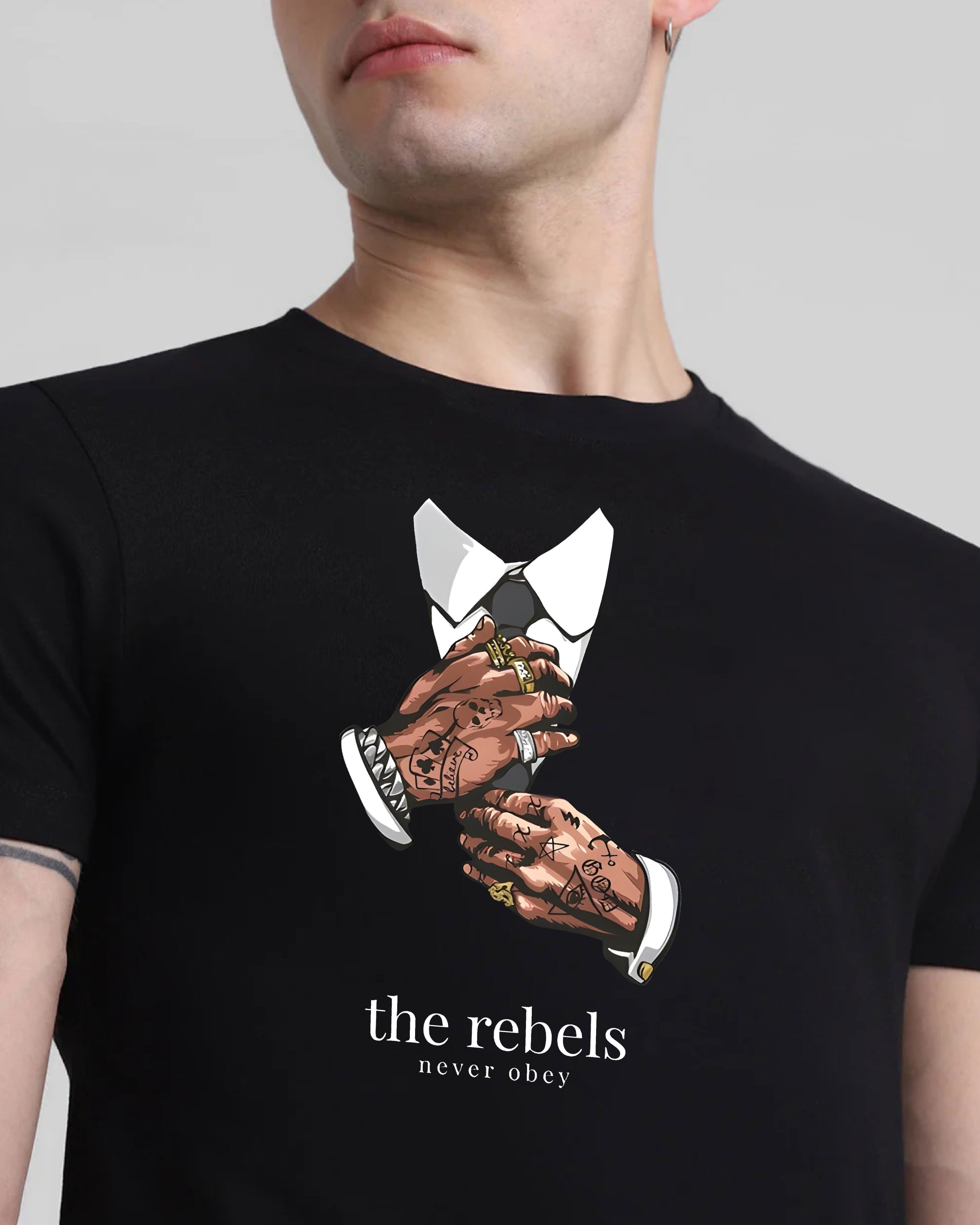 Black t-shirt with graphic design and text worn by a person