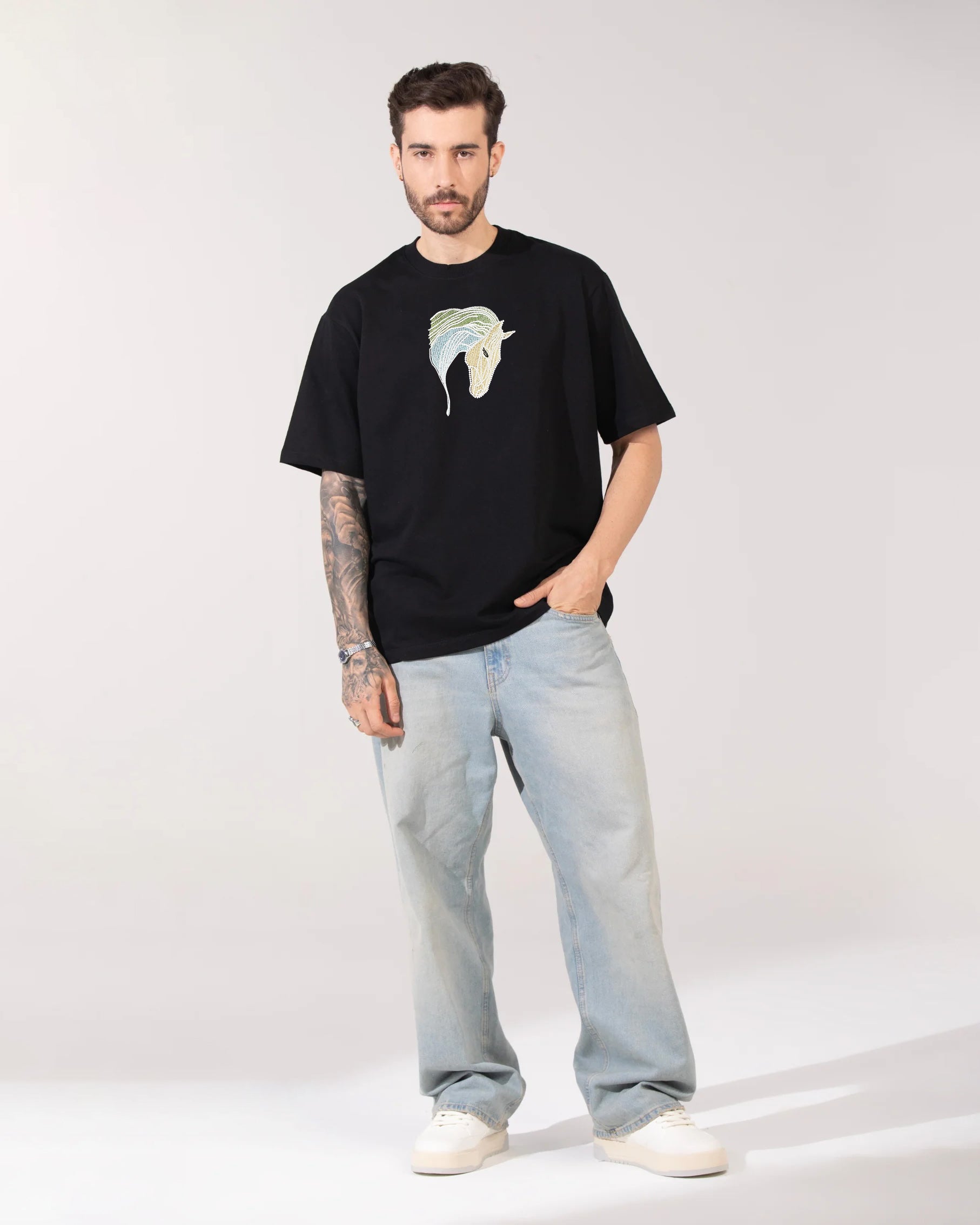 Horse Face Embroidery Black Oversized T-Shirt