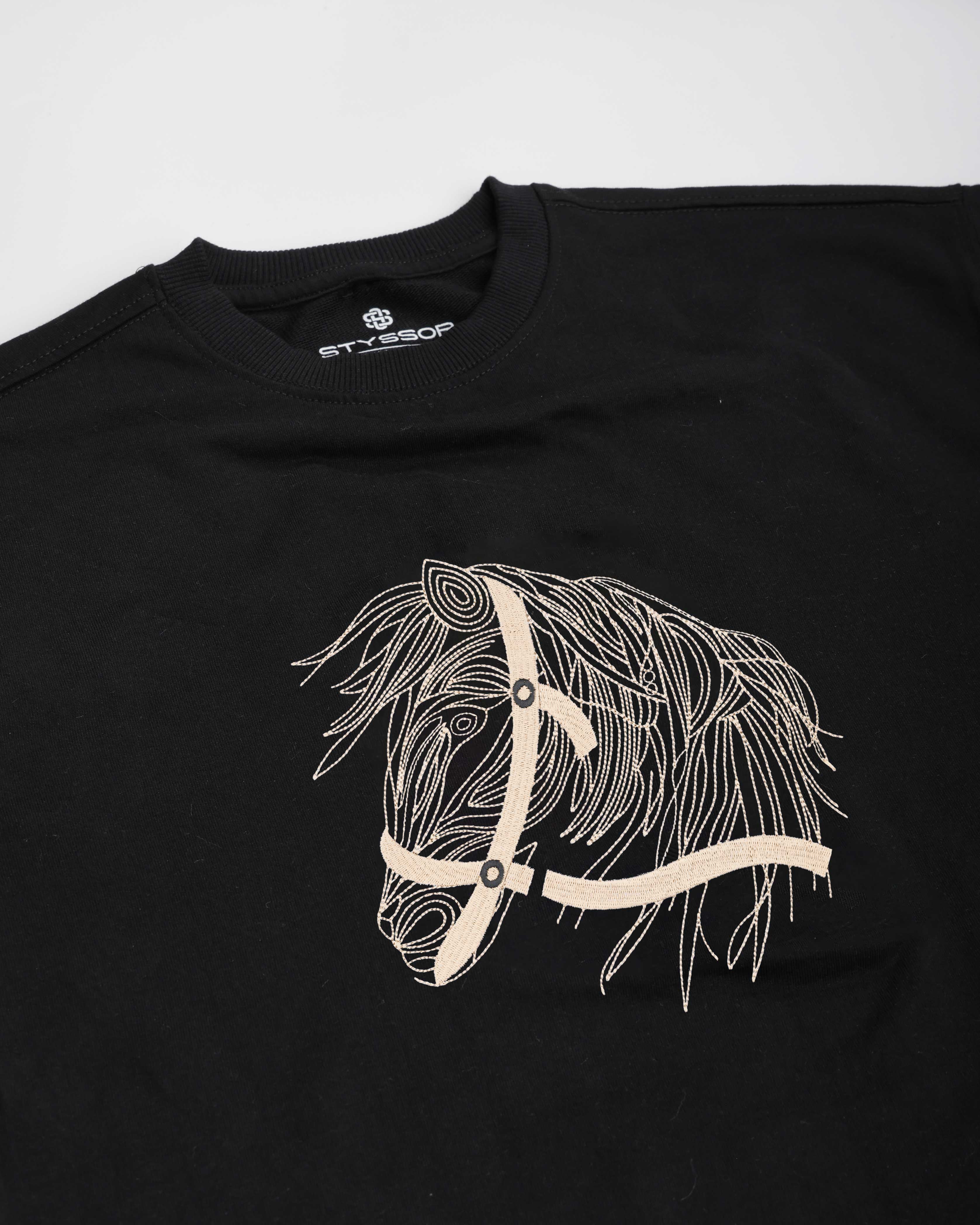 Horse Face Embroidery Oversized Black T-Shirt