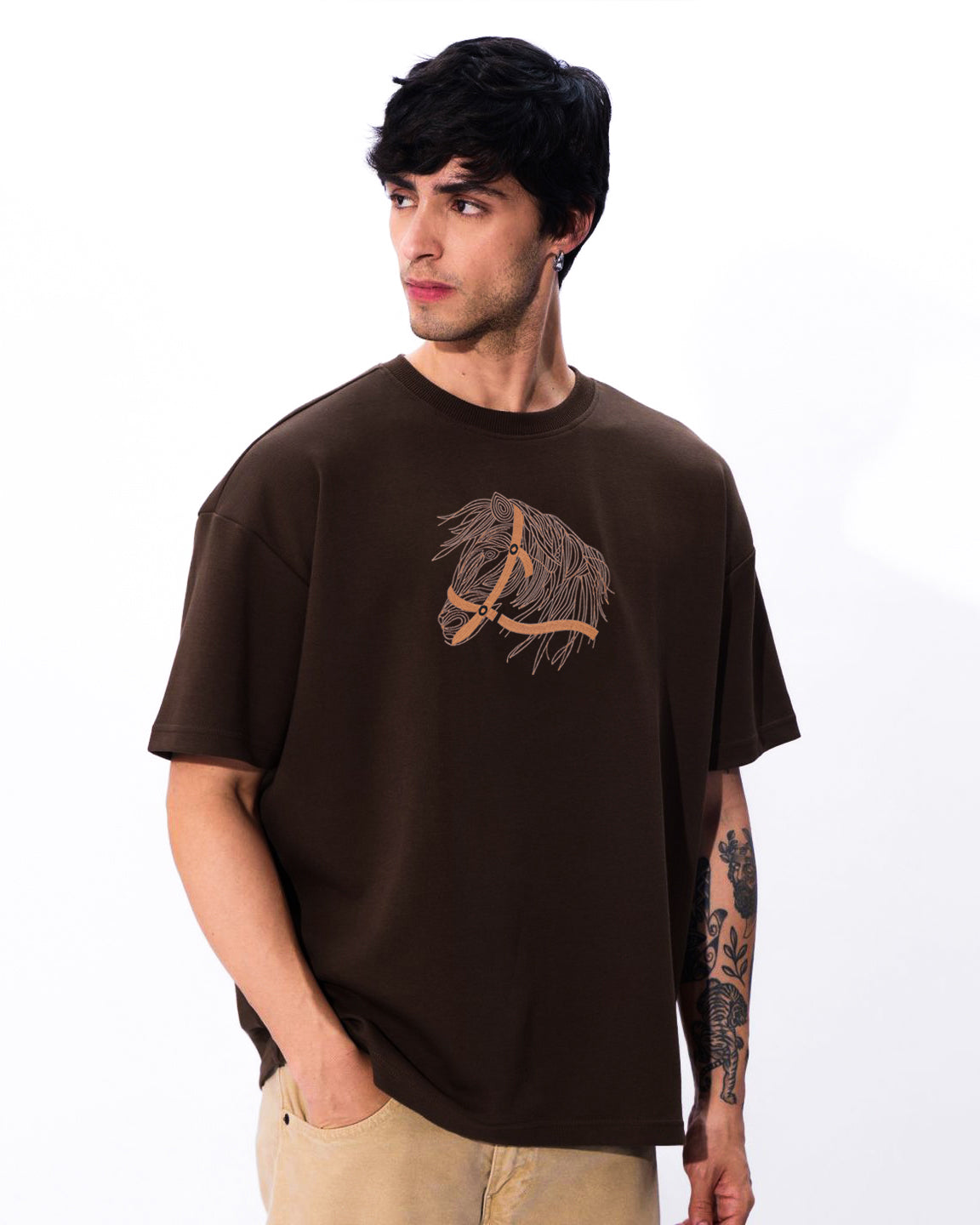 Horse Face Embroidery Oversized Brown T-Shirt