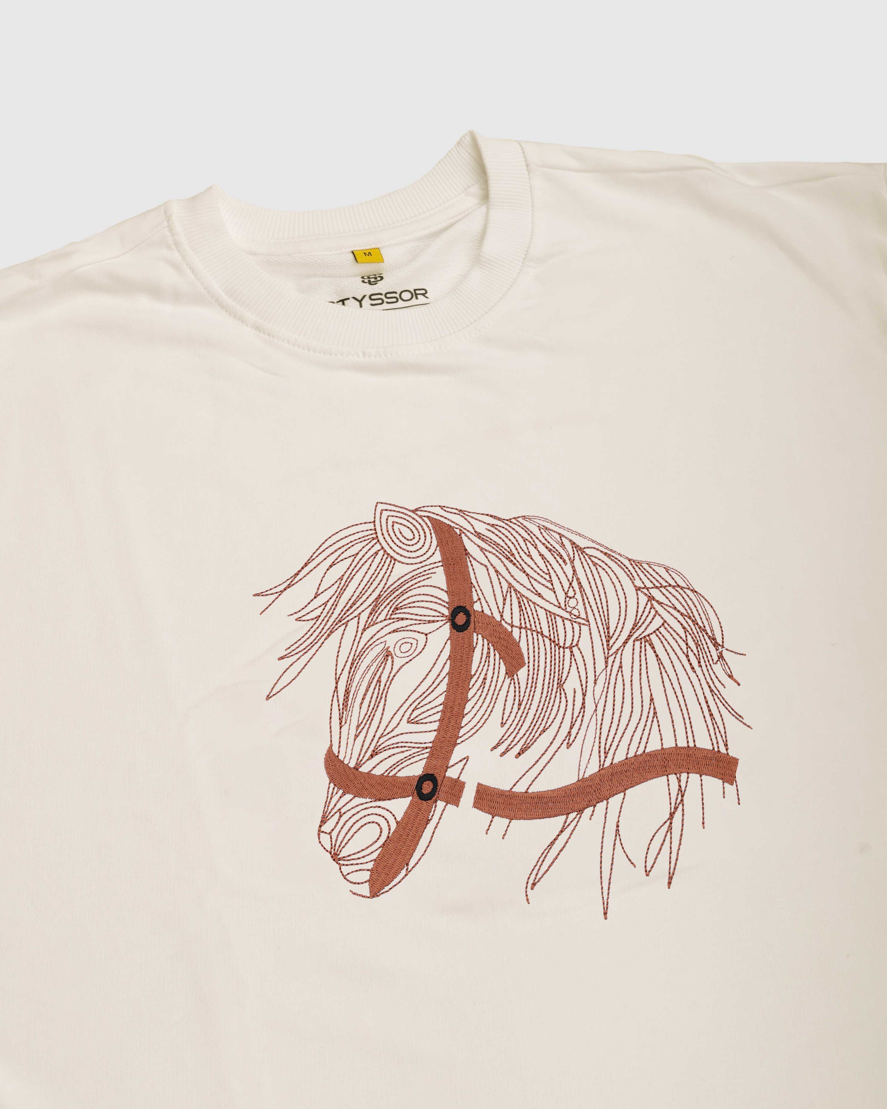 Horse Face Embroidery Oversized Off White T-Shirt