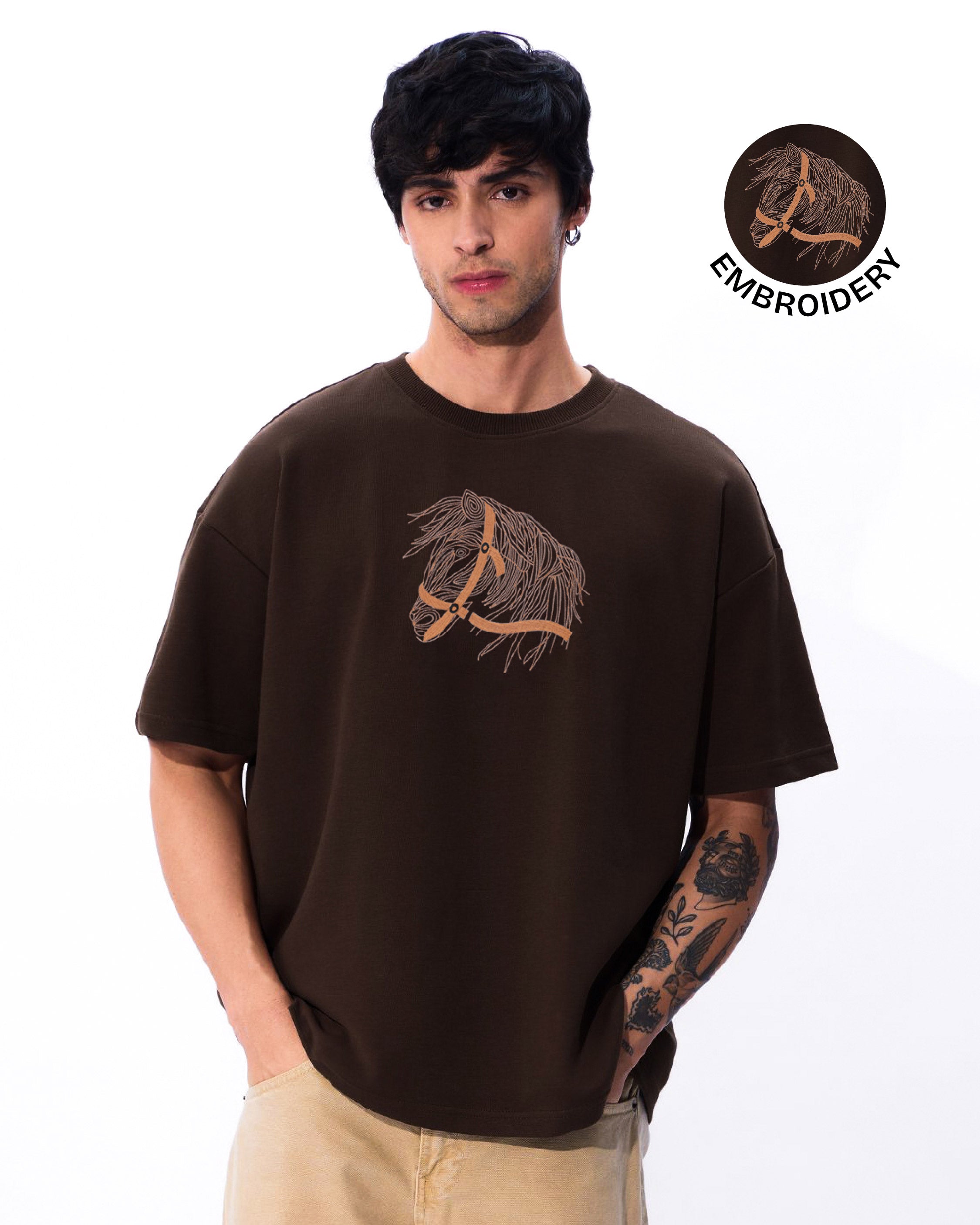 Horse Face Embroidery Oversized Brown T-Shirt