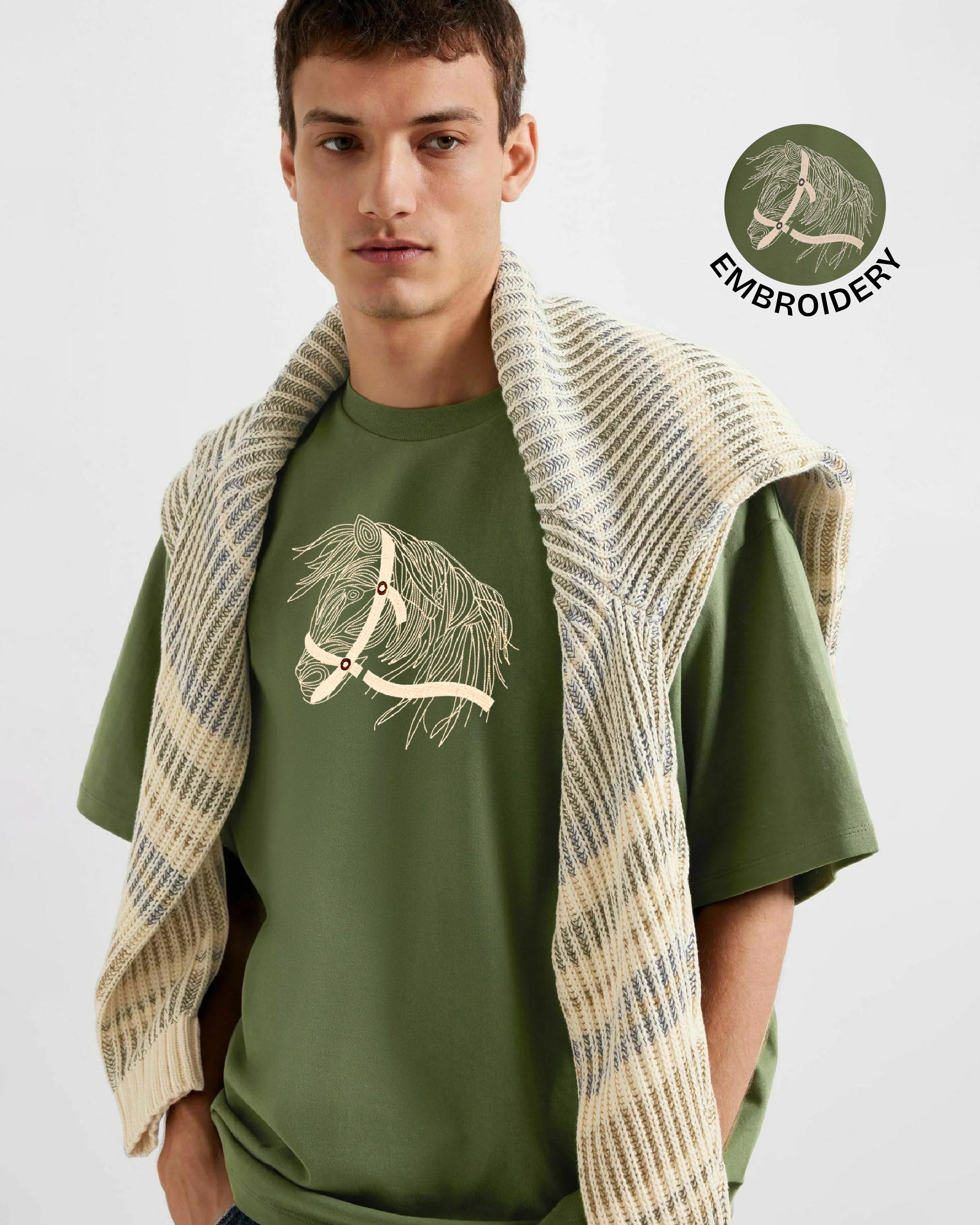 Horse Face Embroidery Oversized Green T-Shirt