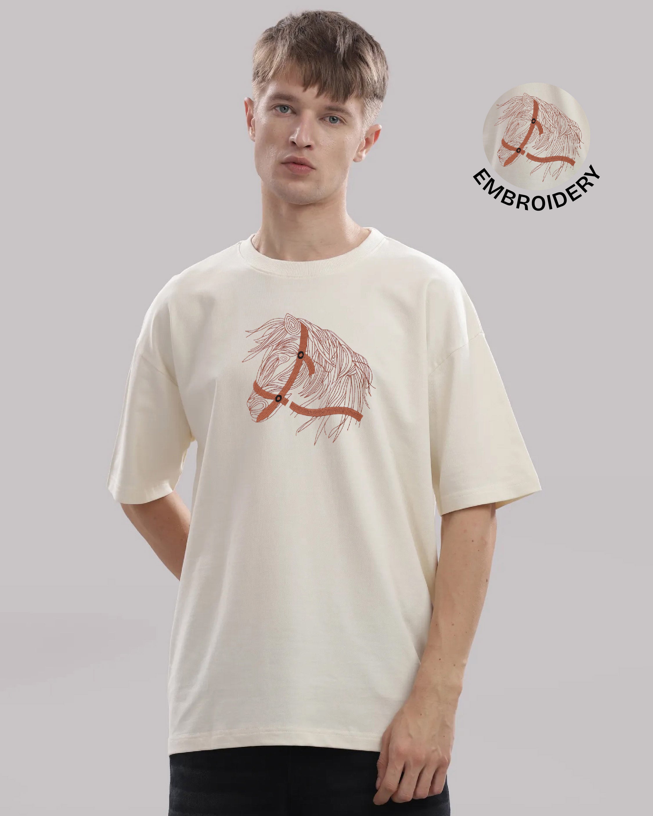 Horse Face Embroidery Oversized Off White T-Shirt