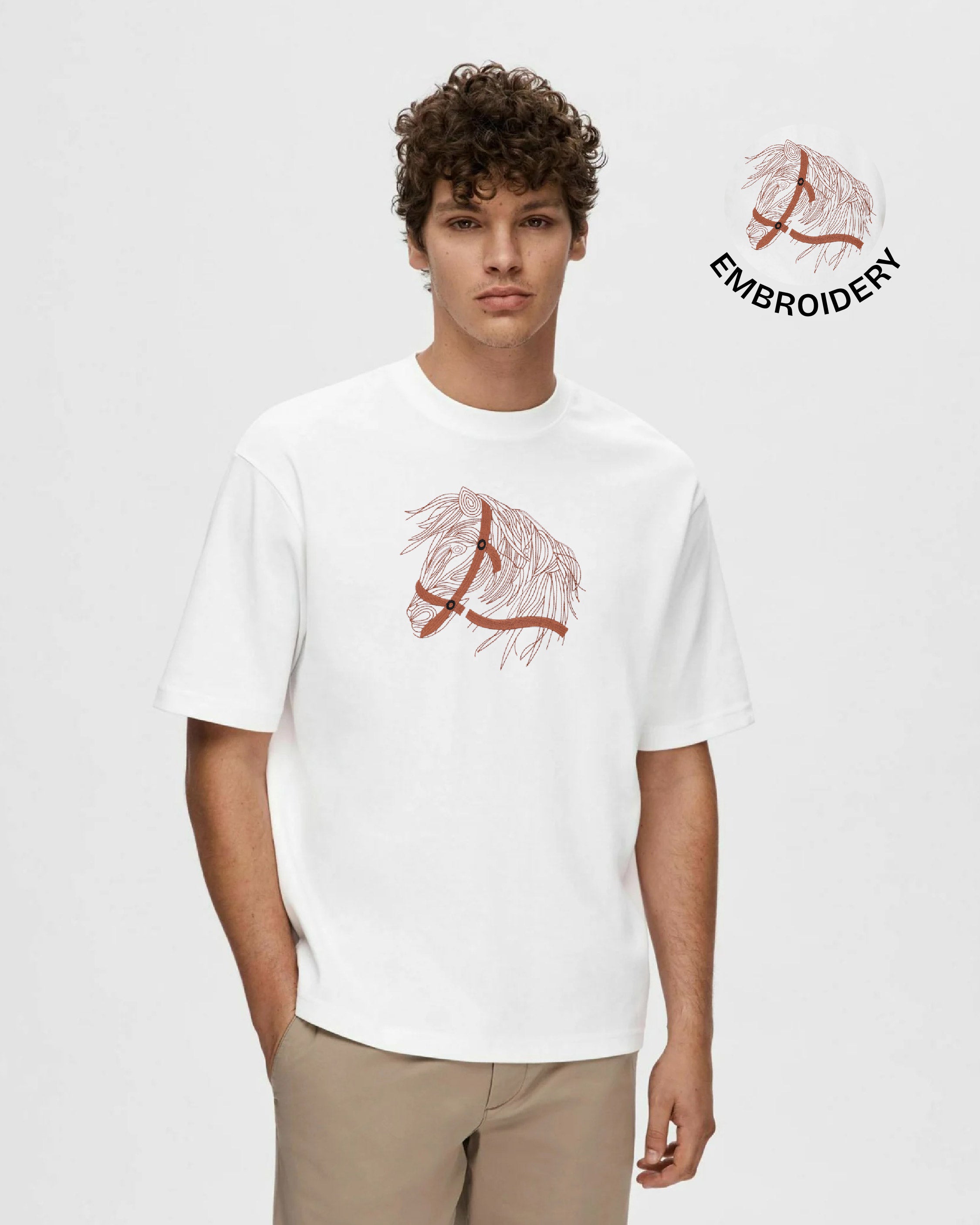 Horse Face Embroidery Oversized White T-Shirt