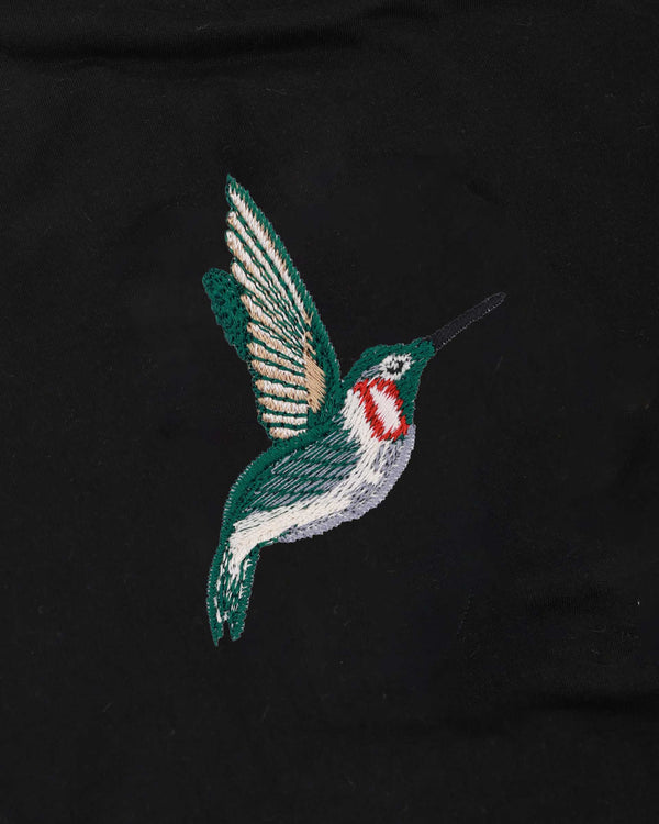 Humming Bird Wildlife Embroidery Oversized Black T-Shirt