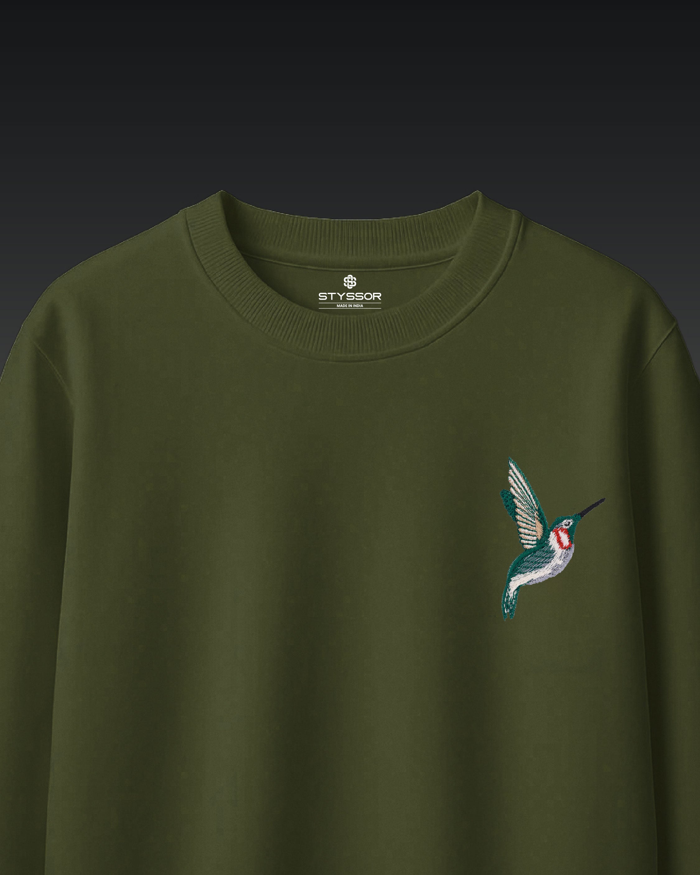 Humming Bird Wildlife Embroidery Oversized Green T-Shirt