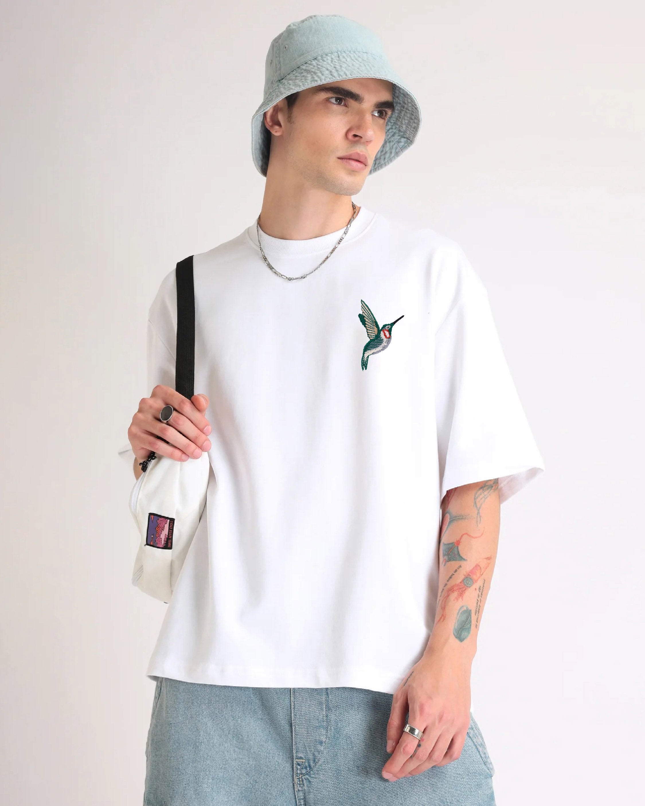 Humming Bird Wildlife Embroidery Oversized White T-Shirt