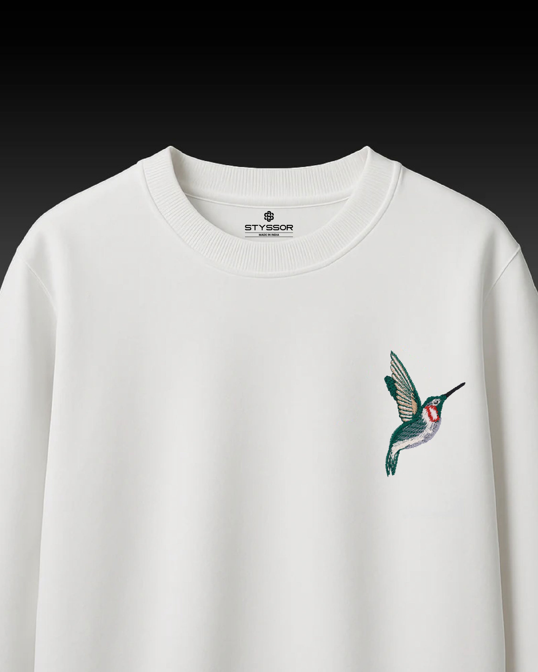 Humming Bird Wildlife Embroidery Oversized White T-Shirt