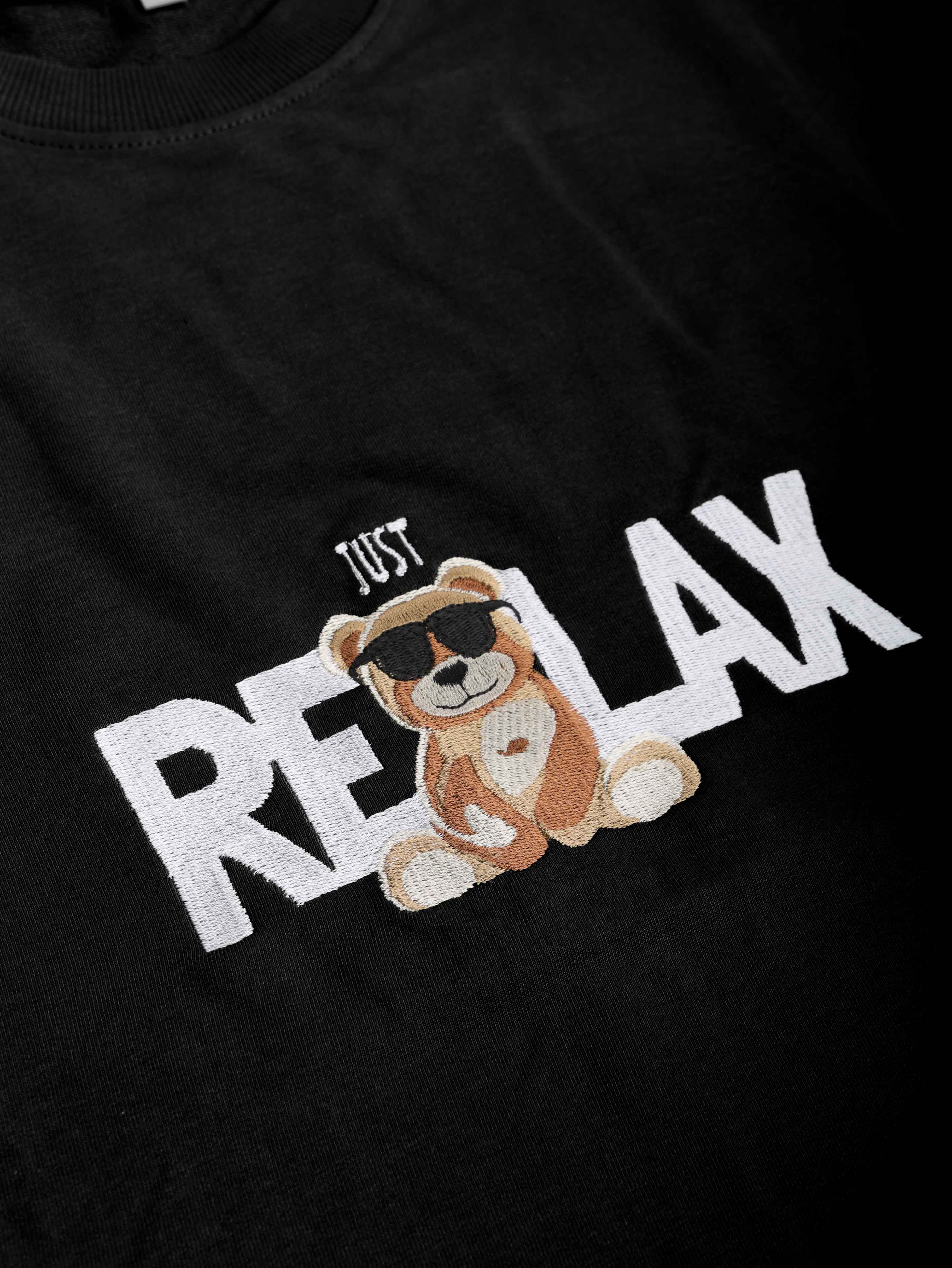 Just Relax Teddy Embroidery Black Oversized T-Shirt
