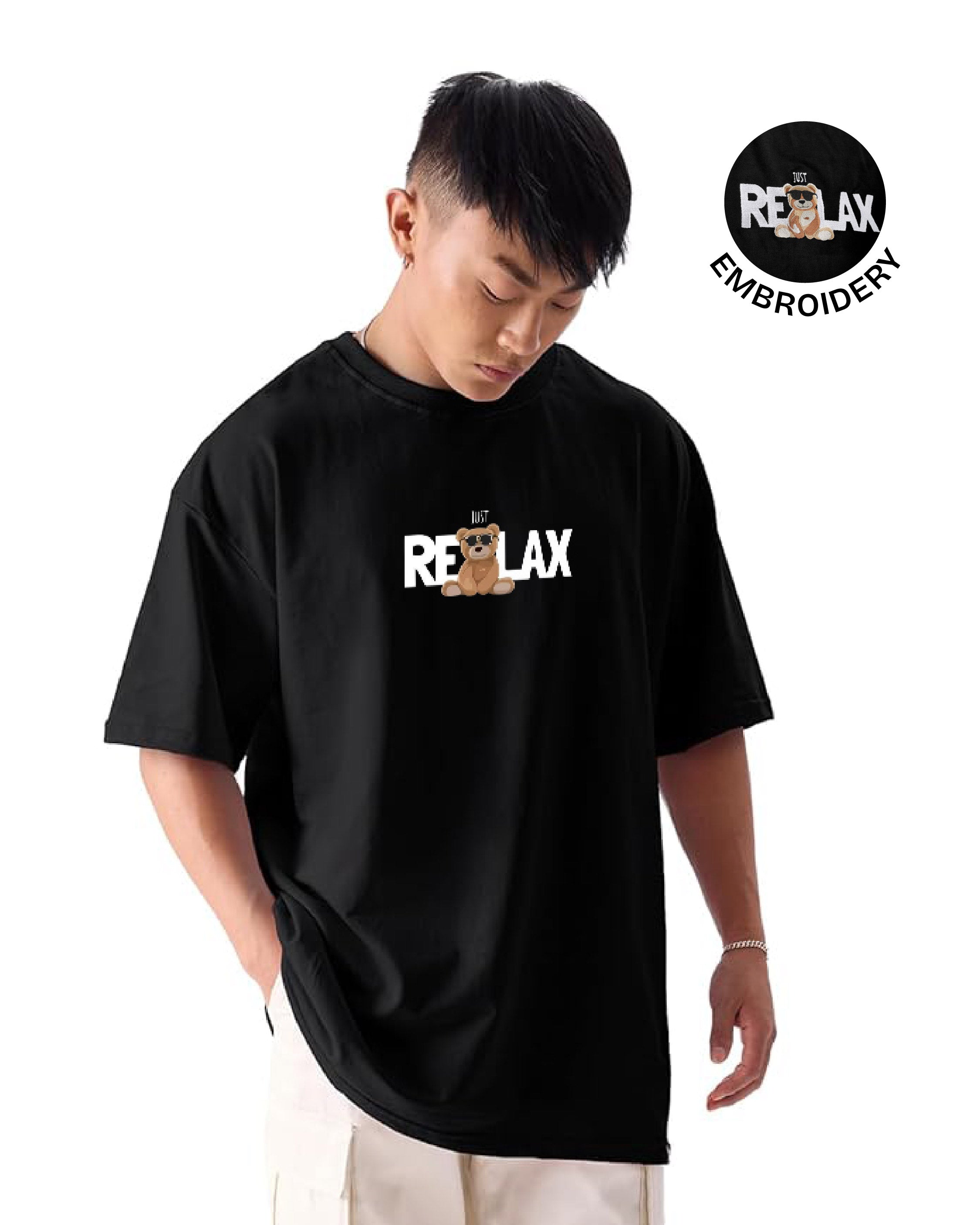 Just Relax Teddy Embroidery Black Oversized T-Shirt